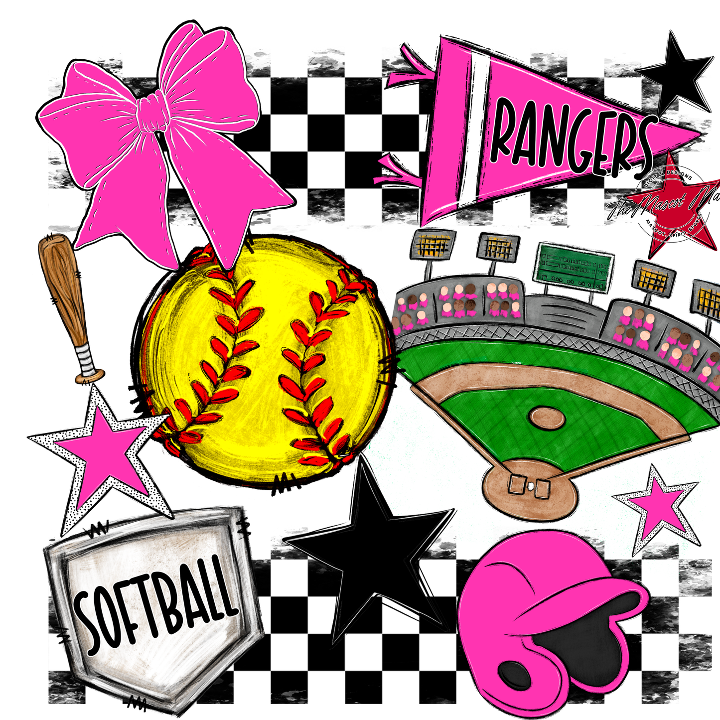 Rangers Checkers Softball Spirit Design-Pink