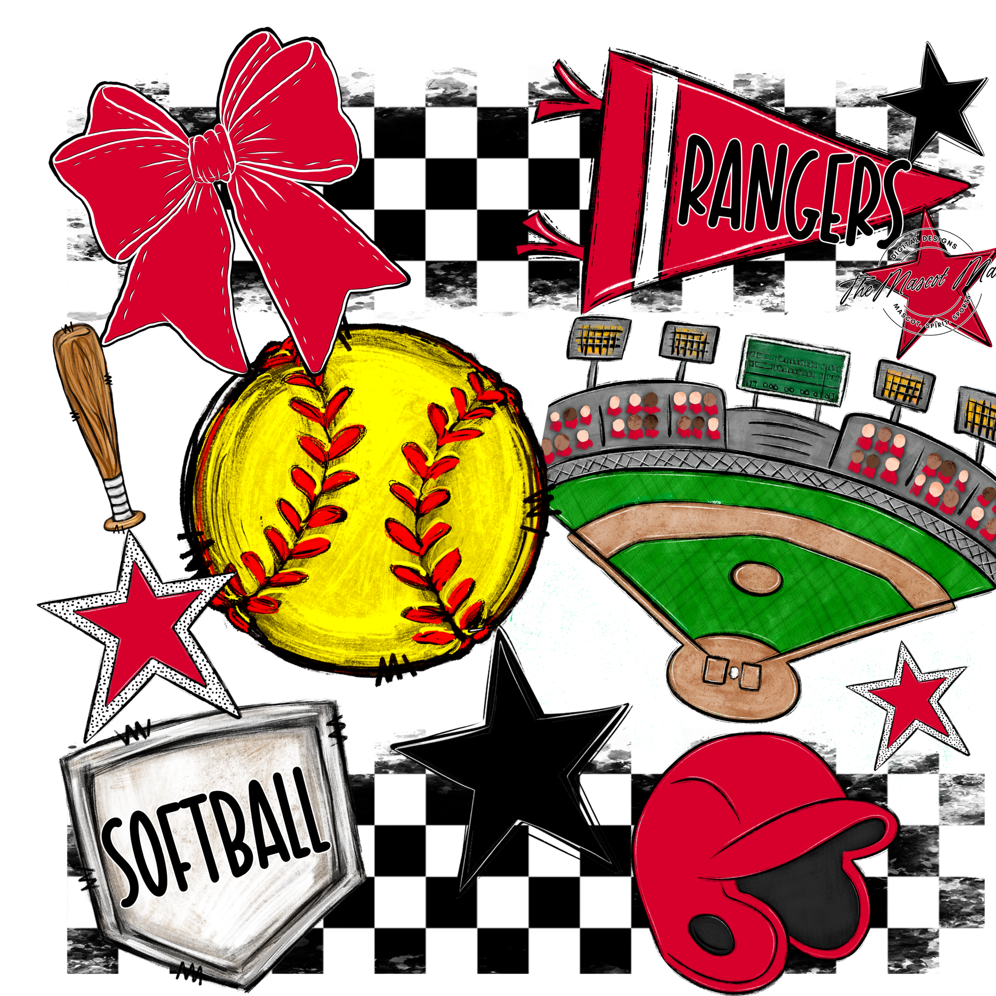 Rangers Checkers Softball Spirit Design-Red