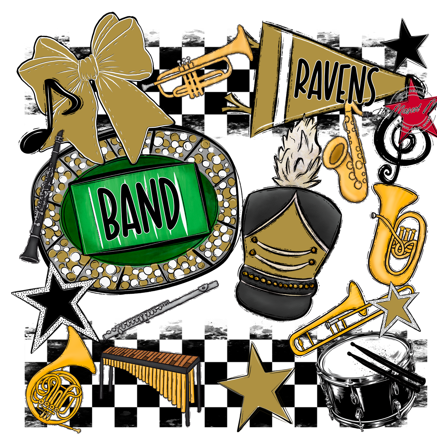 Ravens Checkers Band Spirit Design-Gold