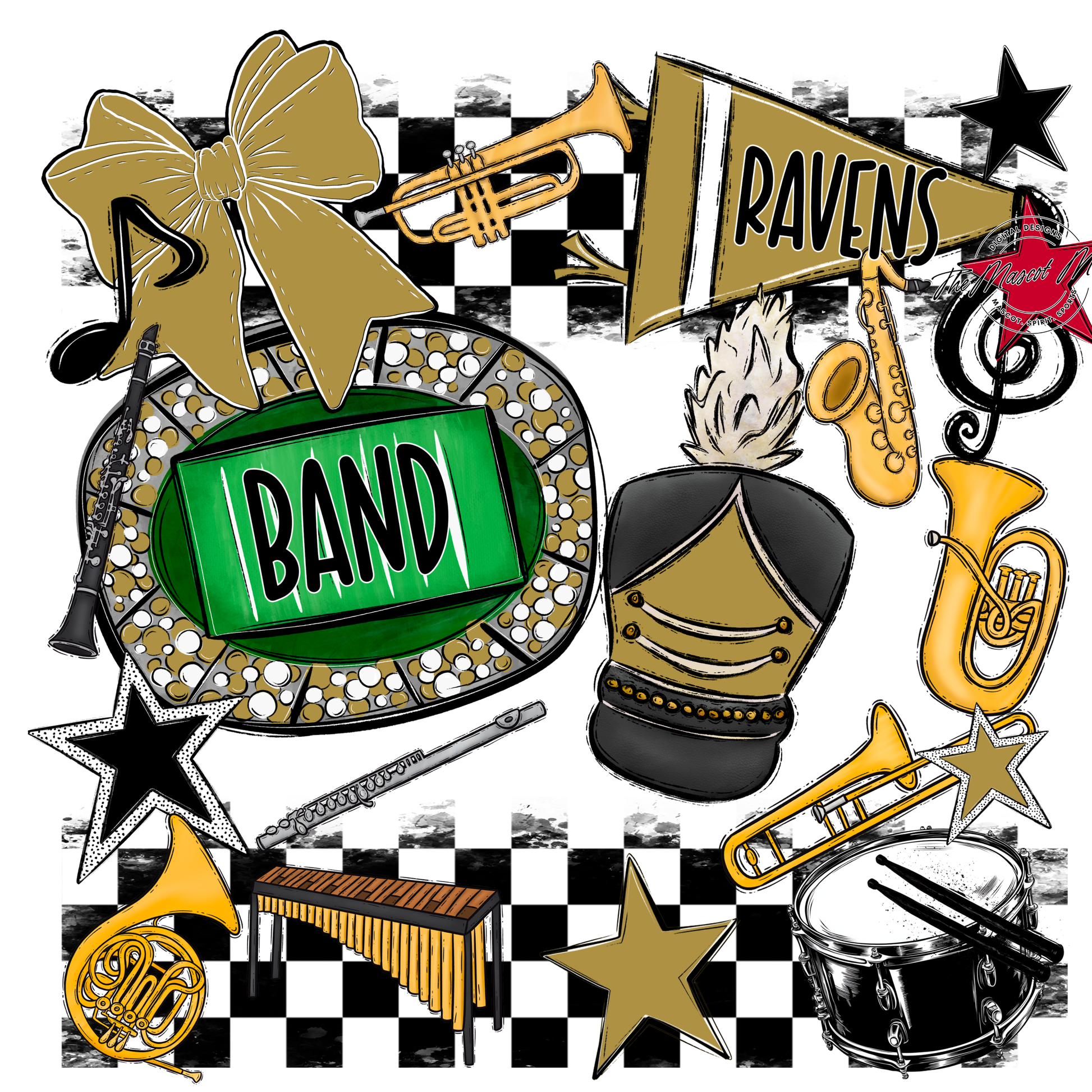 Ravens Checkers Band Spirit Design-Gold