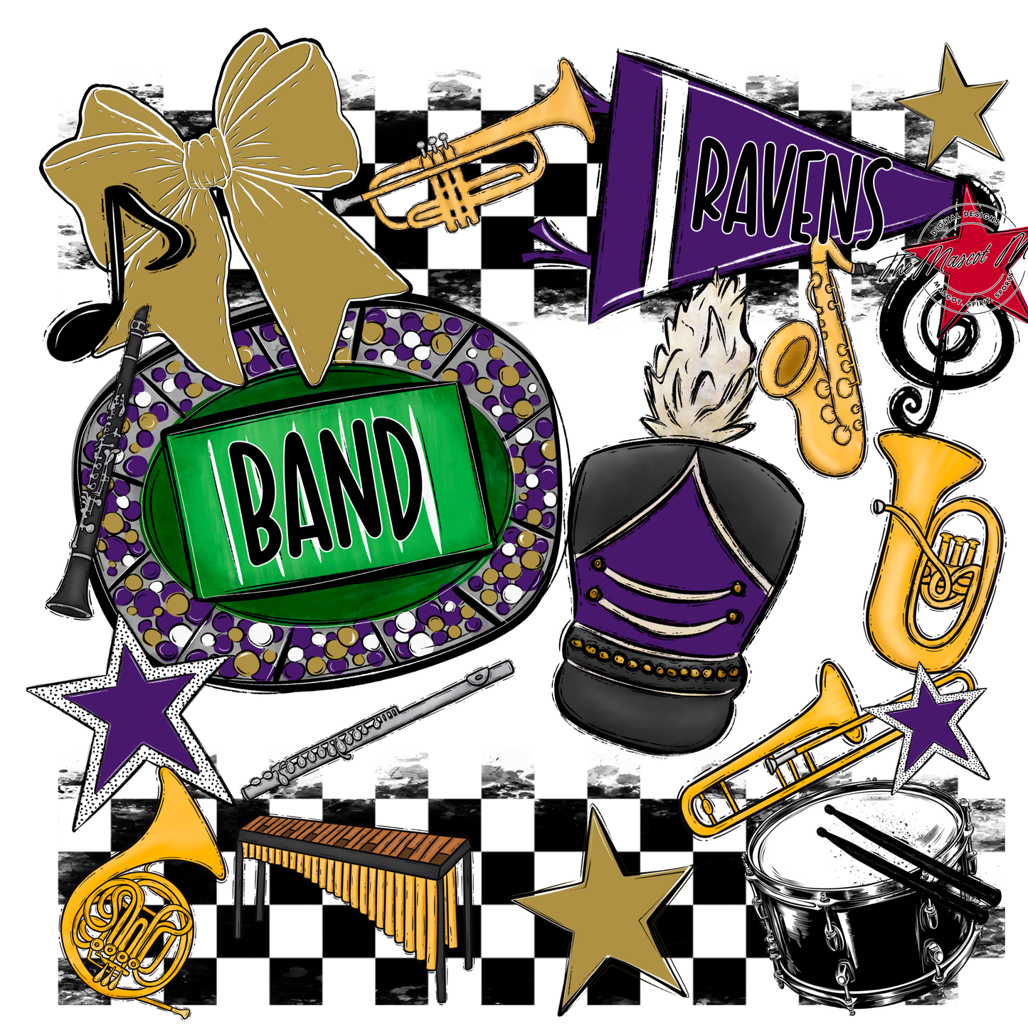 Ravens Checkers Band Spirit Design-Purple-Gold