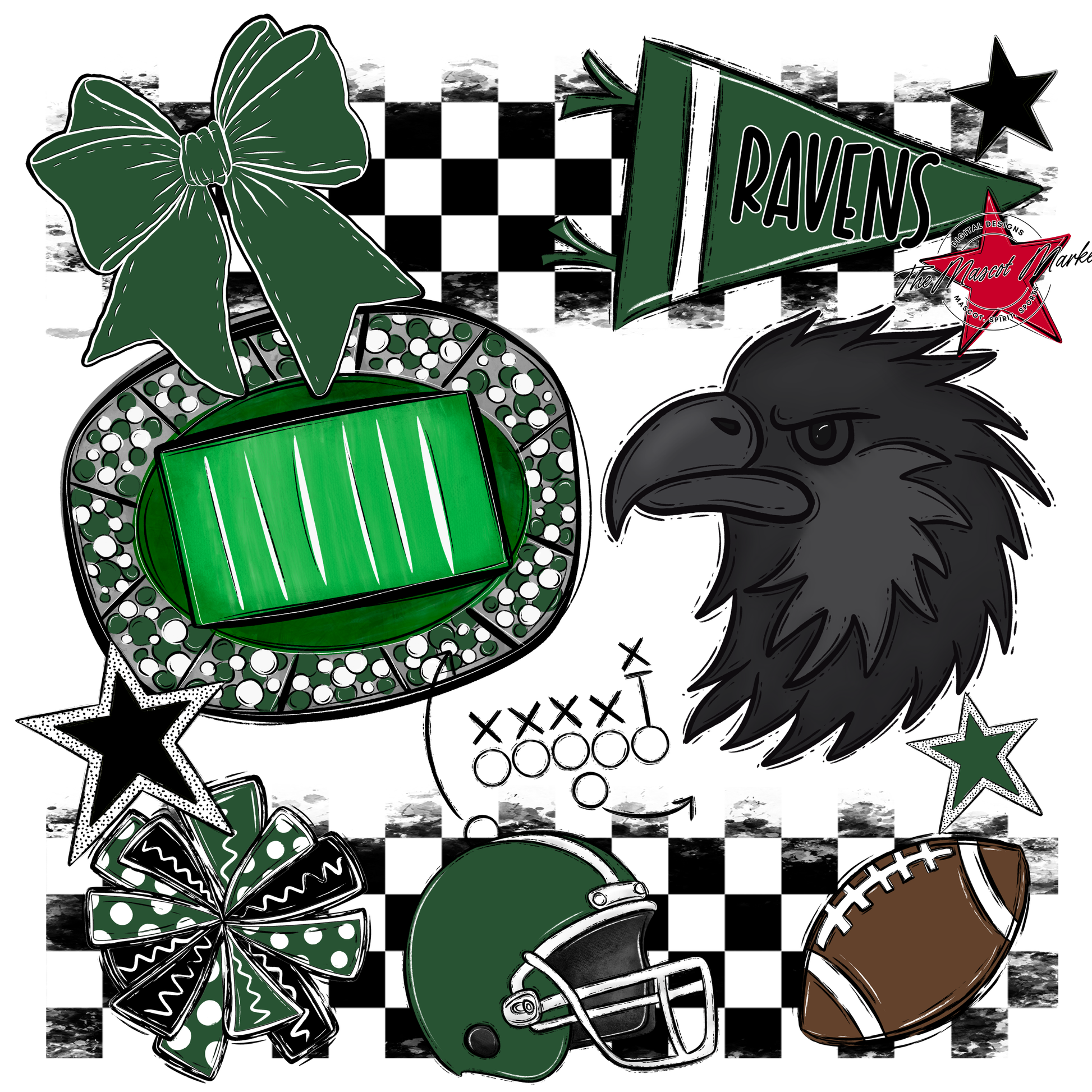 Ravens Checkers Mascot Spirit Design-Green