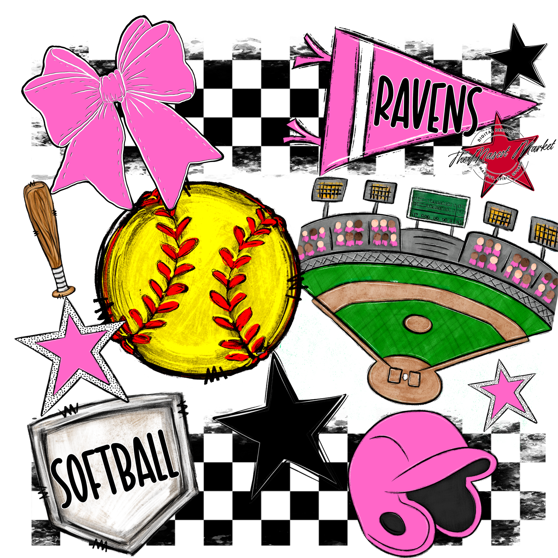 Ravens Checkers Softball Spirit Design-Baby Pink