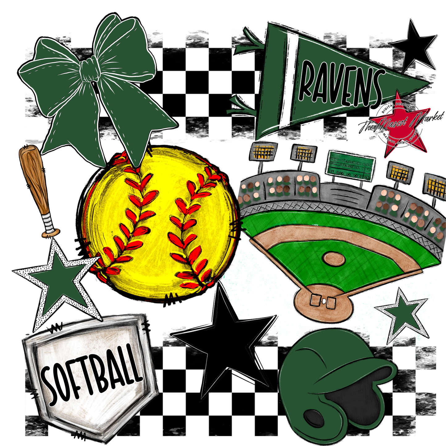 Ravens Checkers Softball Spirit Design-Green