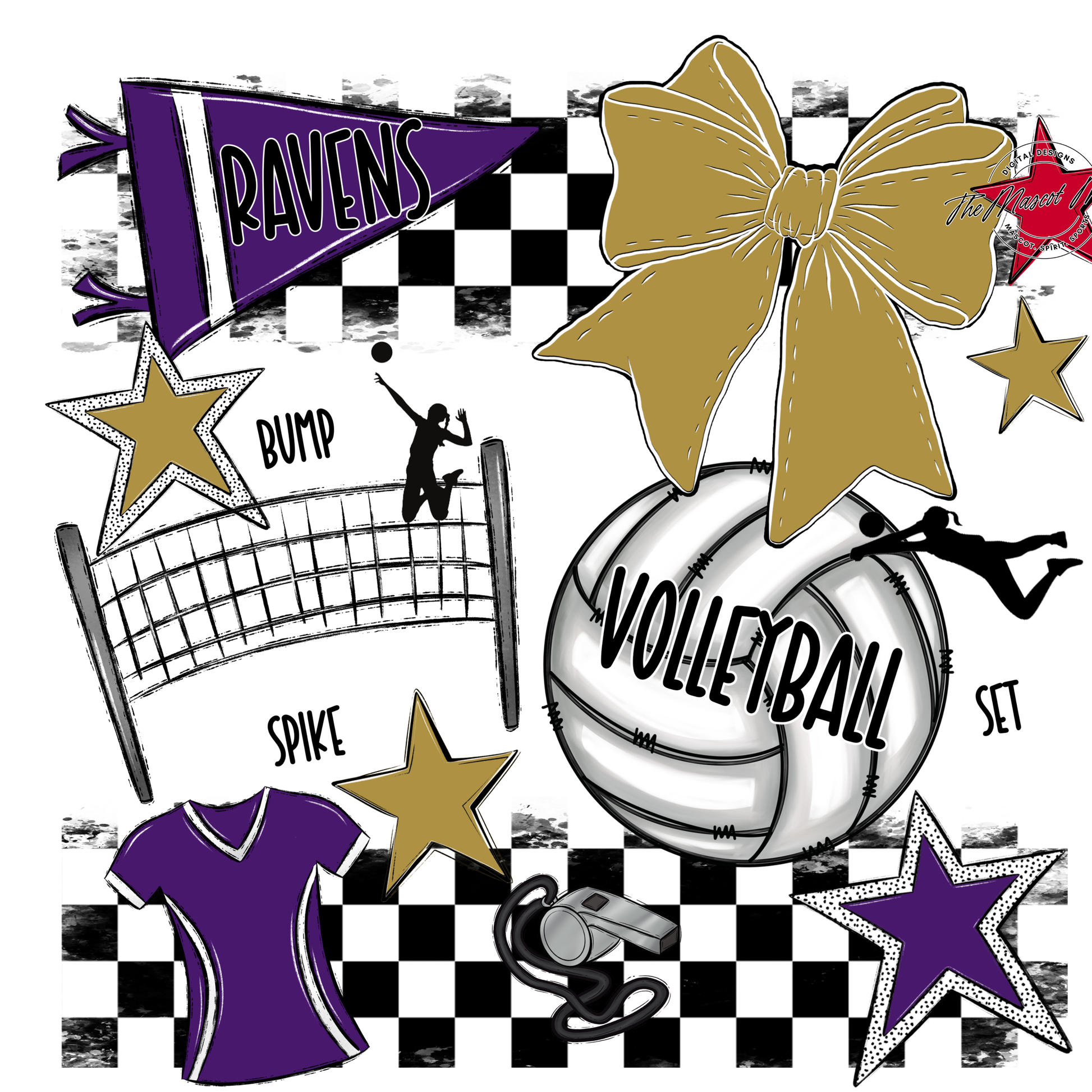 Ravens Checkers Volleyball Spirit Design-Purple-Gold