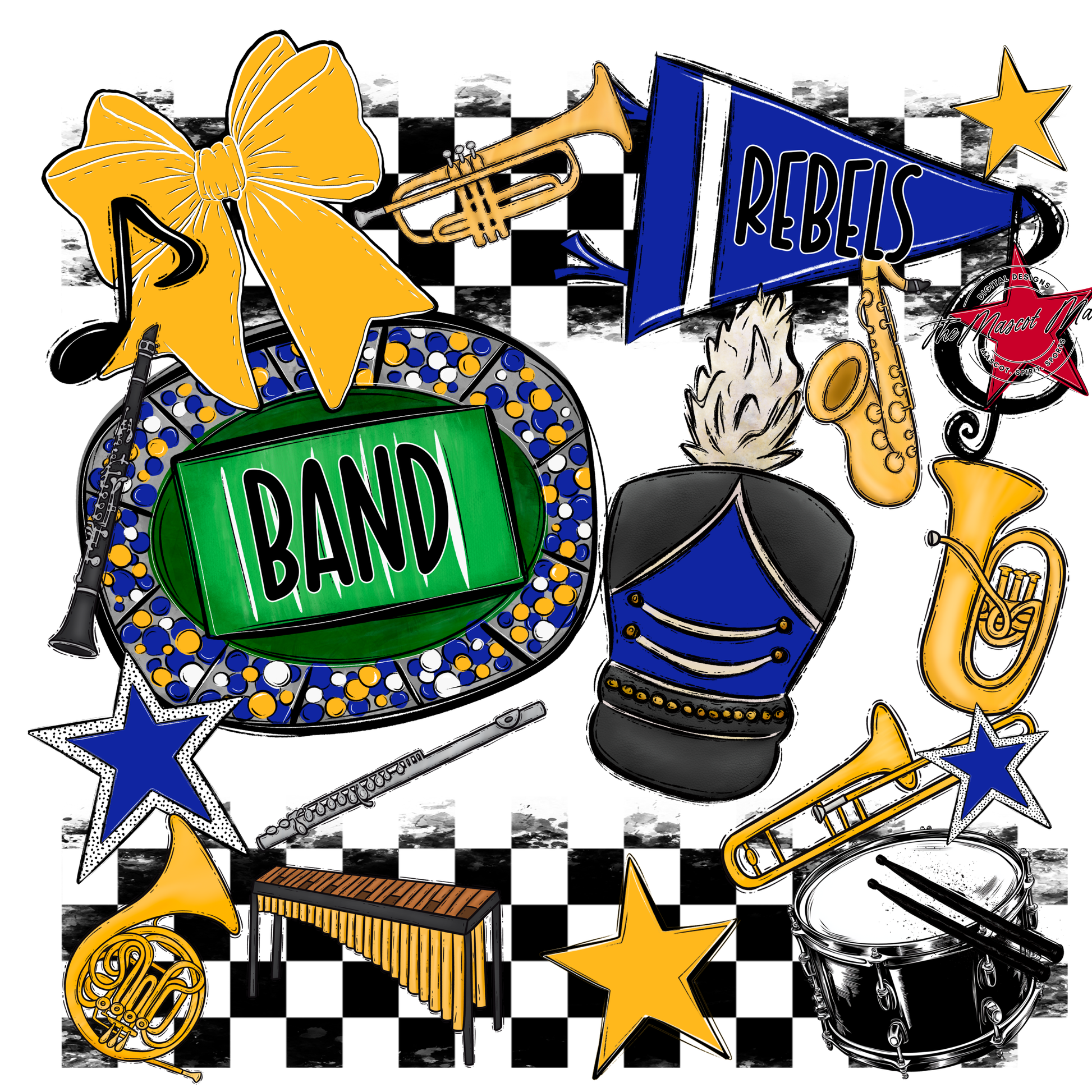 Rebels Checkers Band Spirit Design-Royal Blue-Yellow
