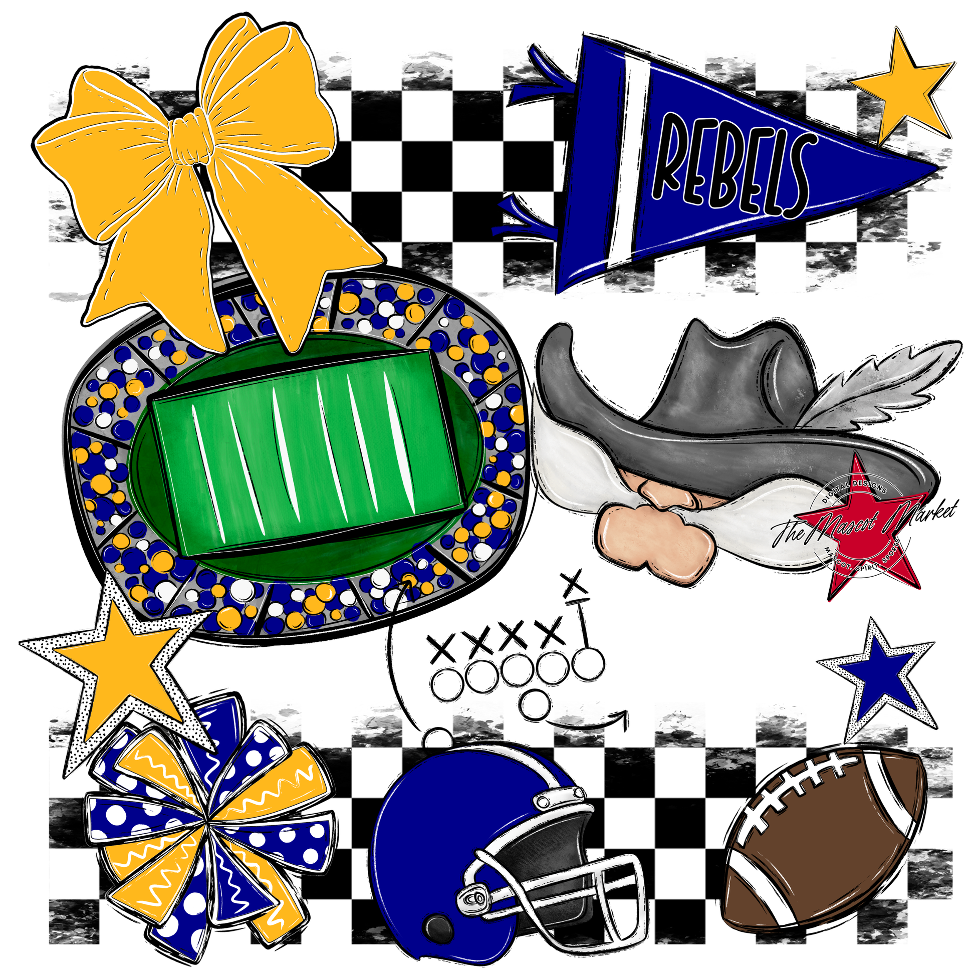Rebels Checkers Mascot Spirit Design-Blue-Yellow