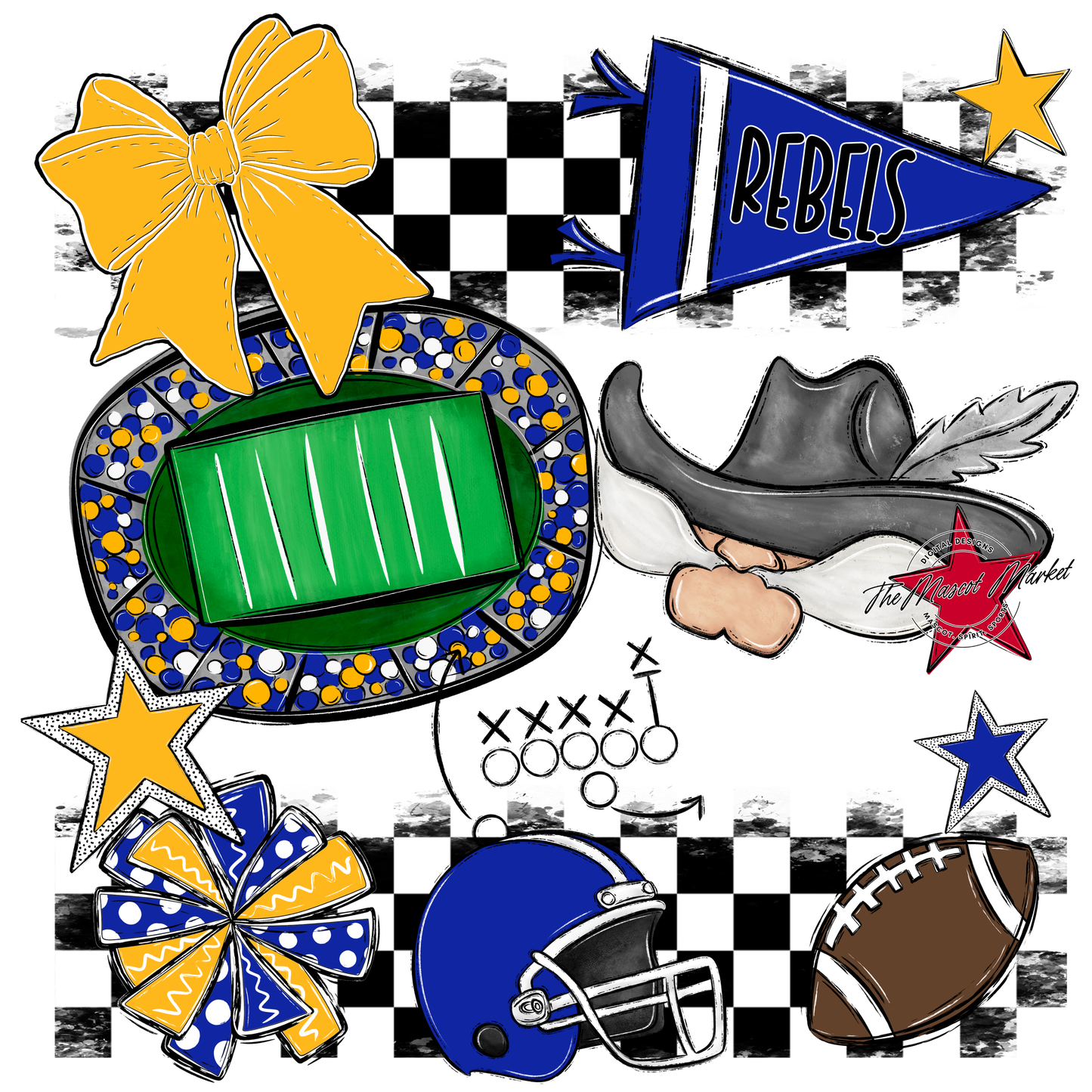 Rebels Checkers Mascot Spirit Design-Royal Blue-Yellow