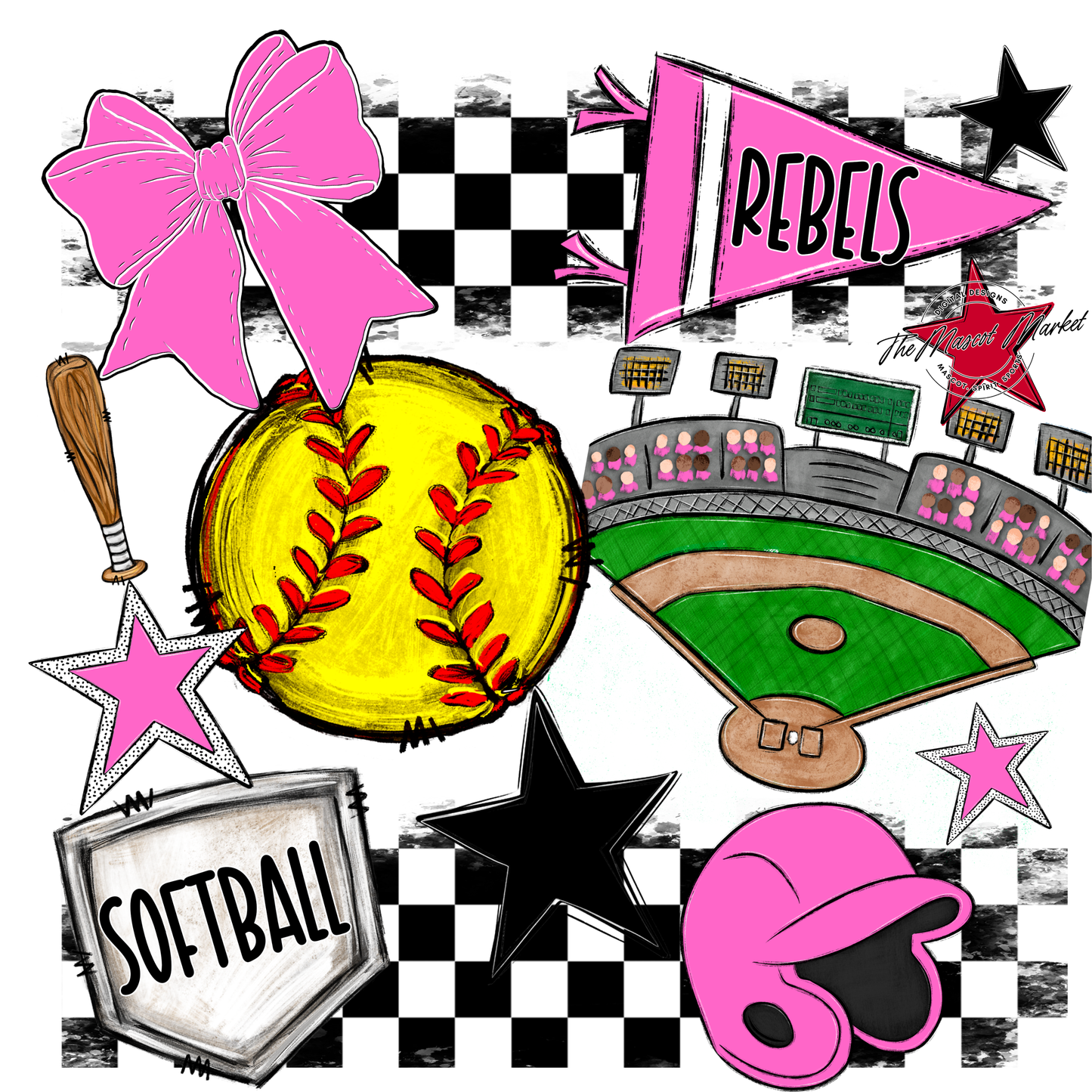 Rebels Checkers Softball Spirit Design-Baby Pink