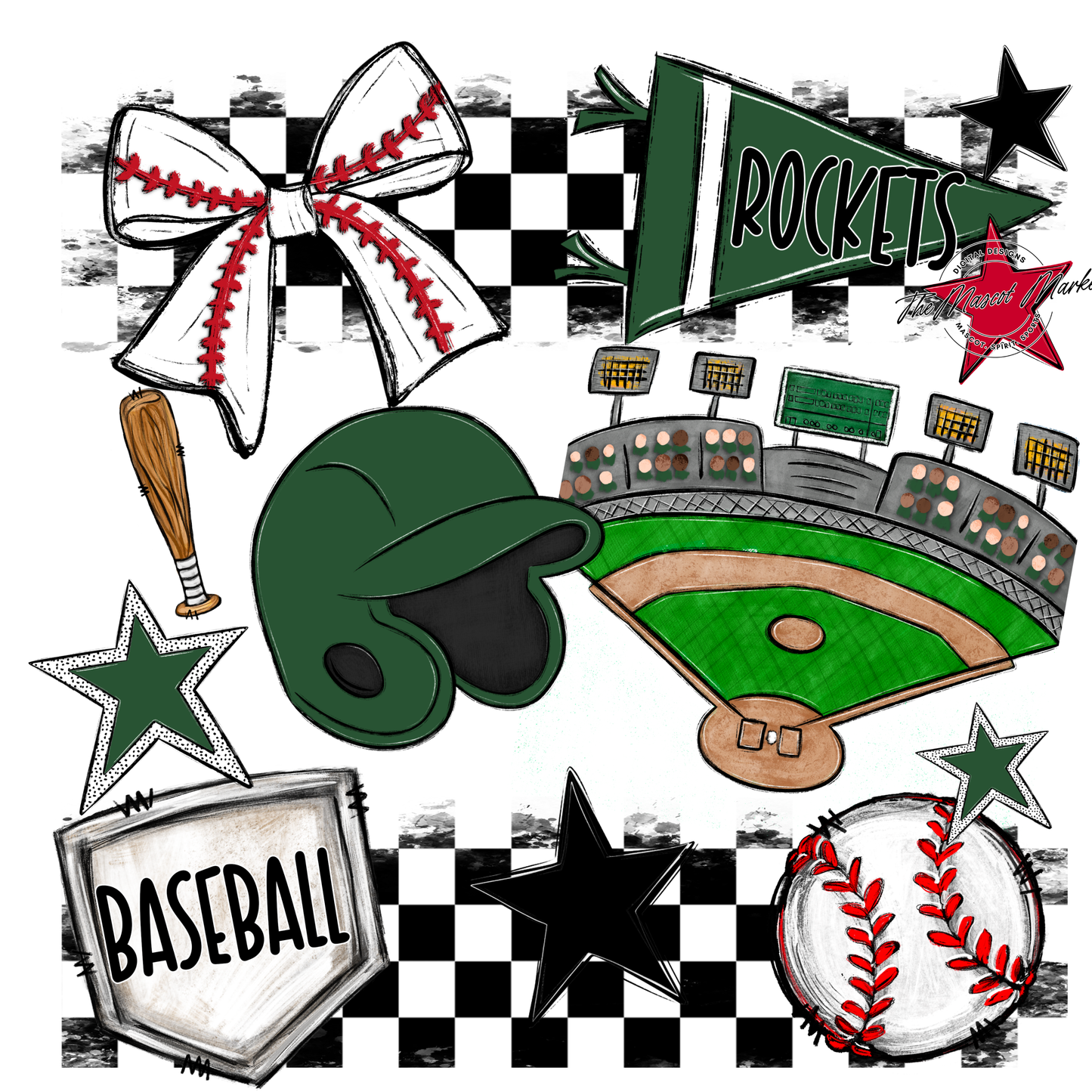 Rockets Checkers Baseball Spirit Design-Green