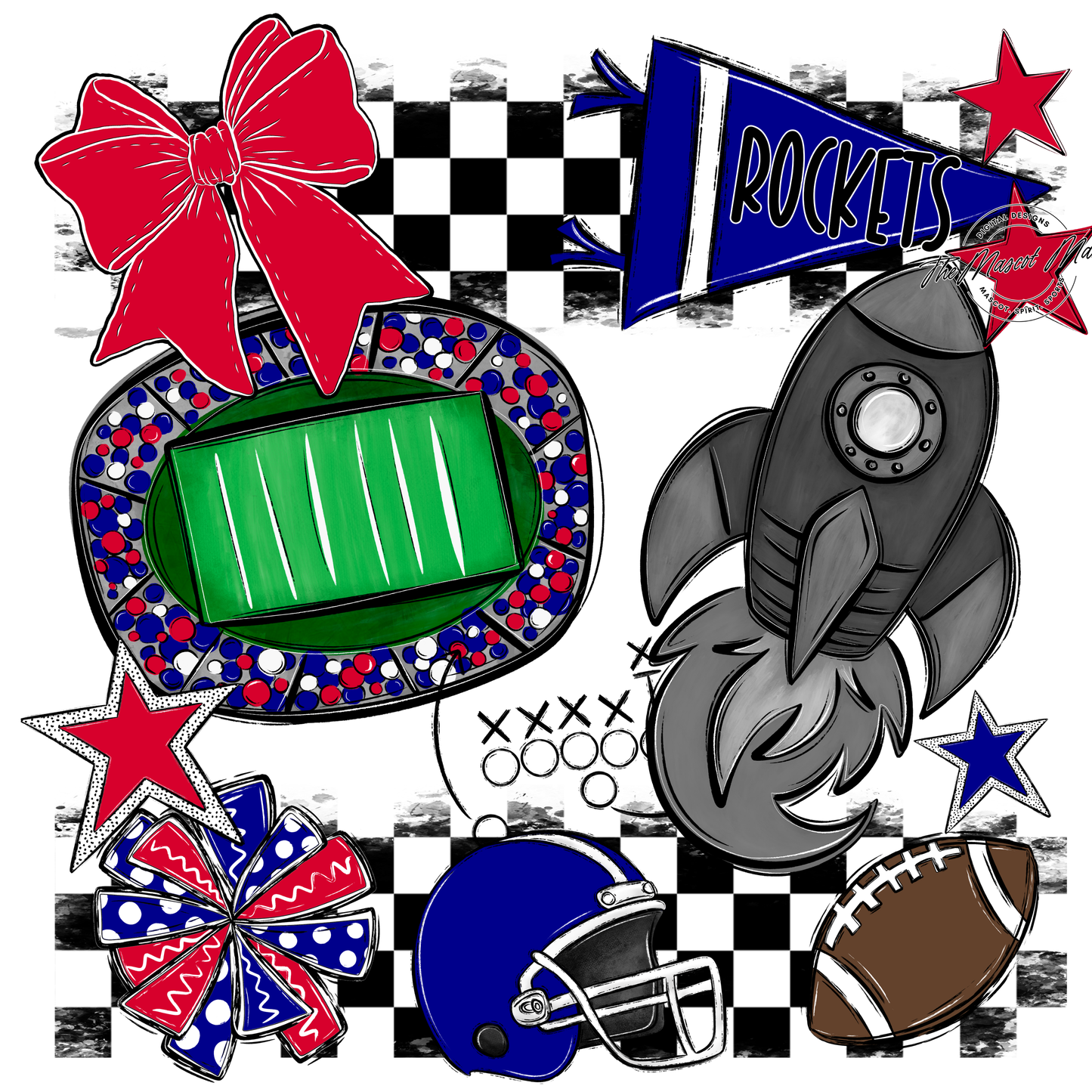 Rockets Checkers Mascot Spirit Design-Blue-Red