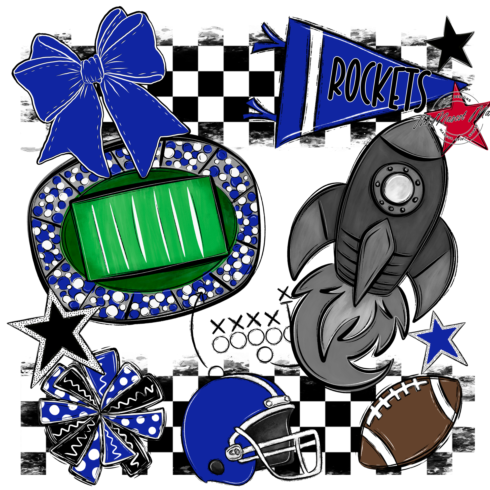 Rockets Checkers Mascot Spirit Design-Royal Blue