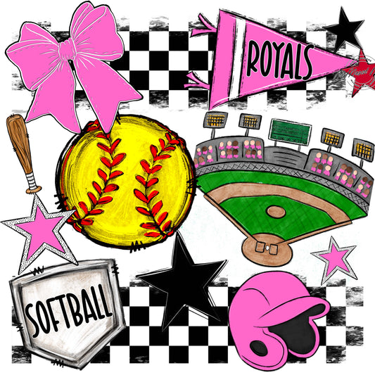 Royals Checkers Softball Design-Baby Pink