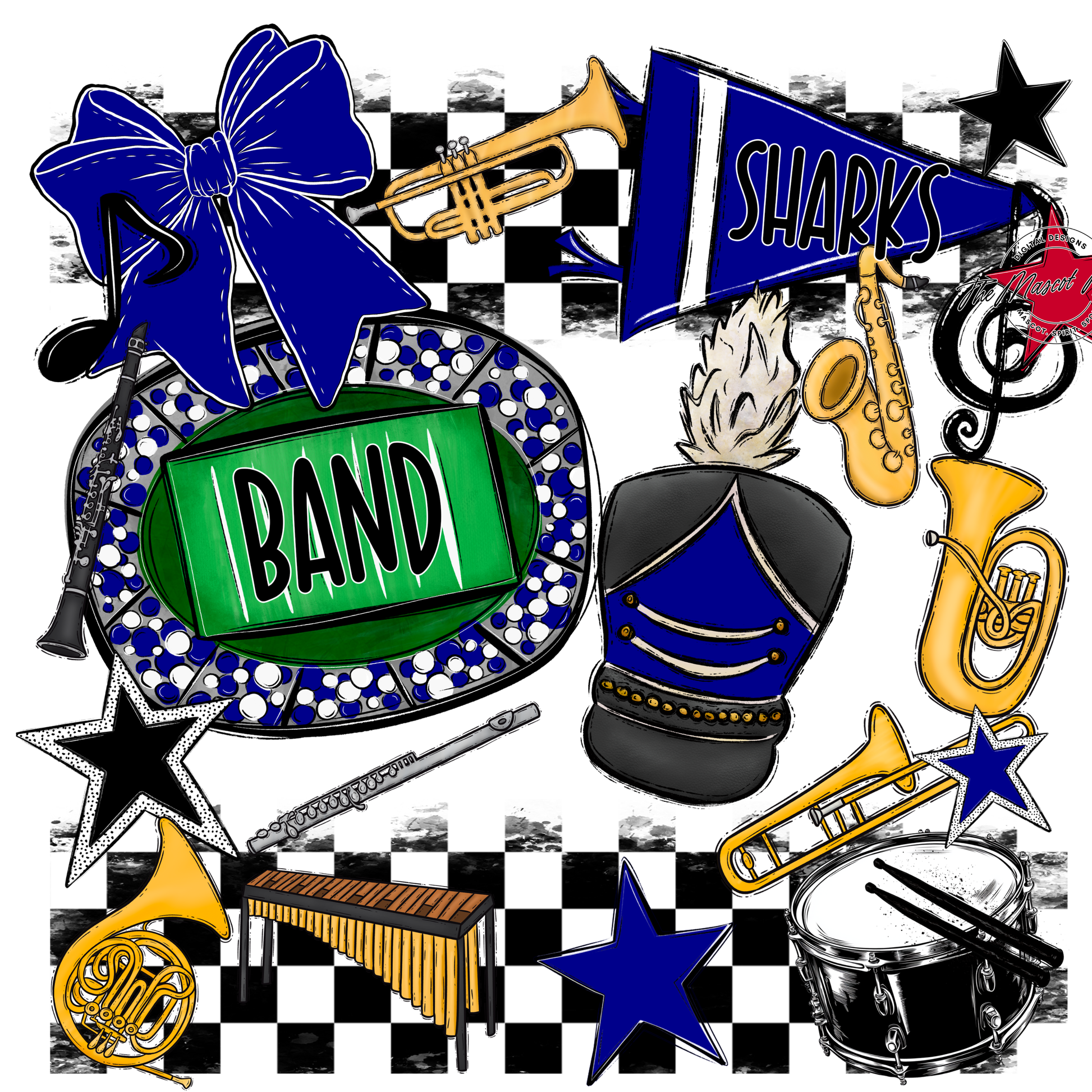 Sharks Checkers Band Spirit Design-Blue