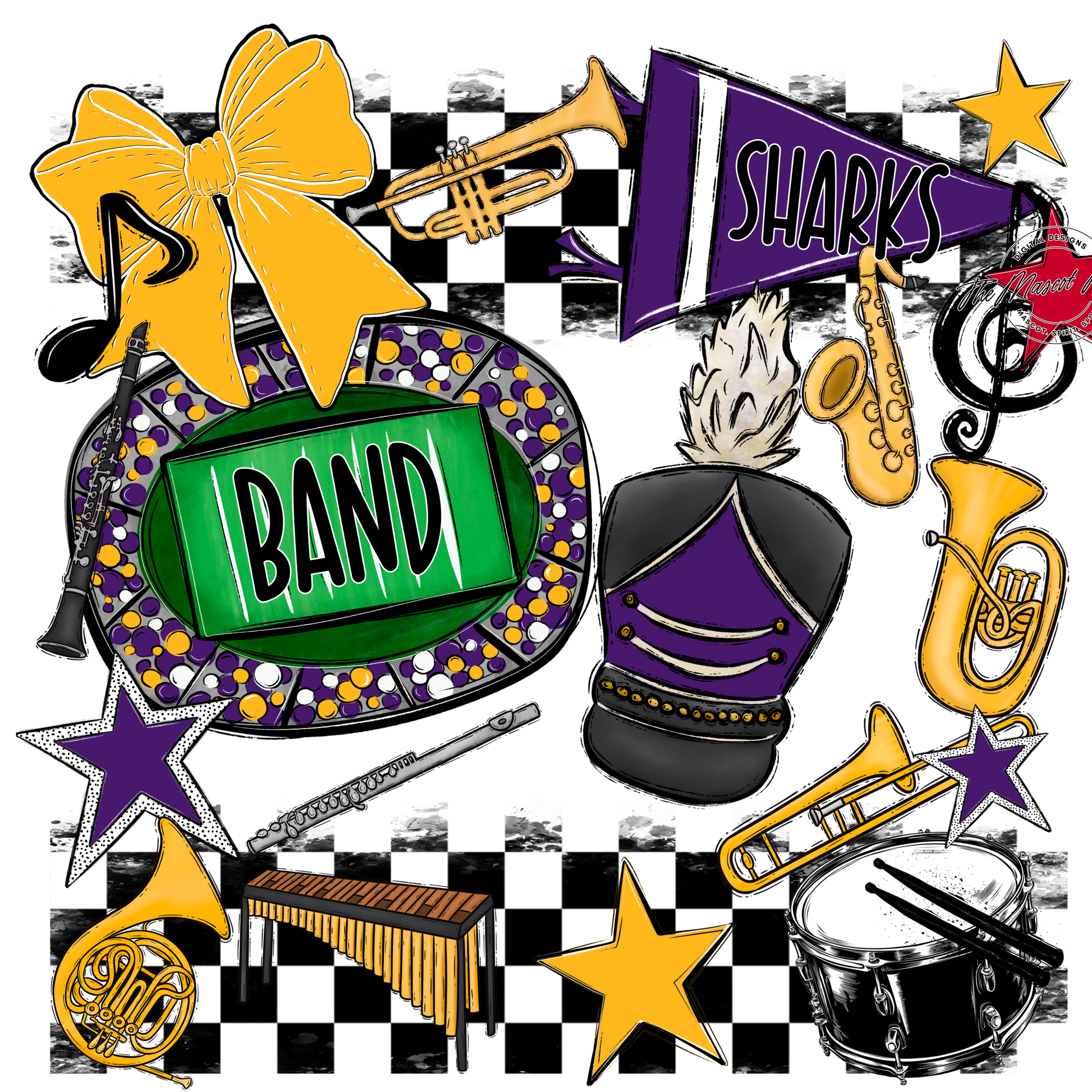 Sharks Checkers Band Spirit Design-Purple-Yellow