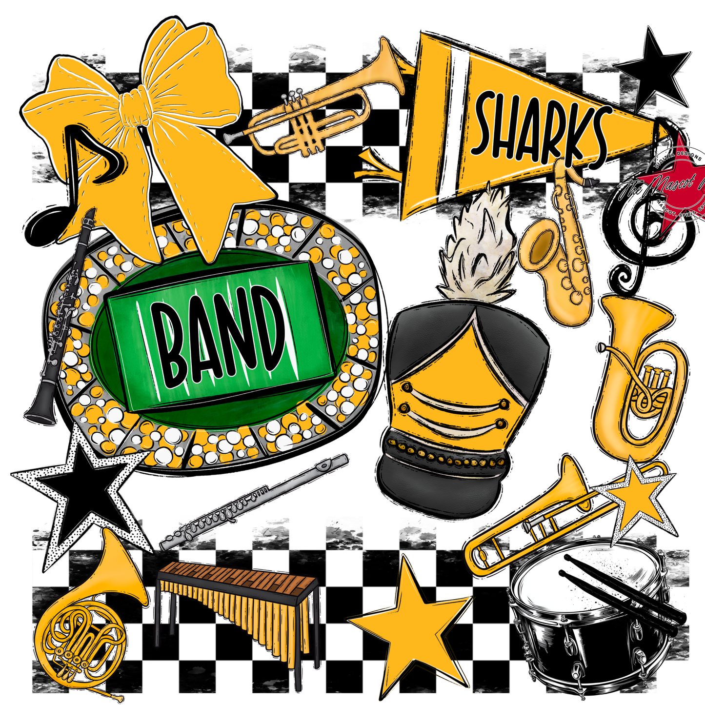 Sharks Checkers Band Spirit Design-Yellow