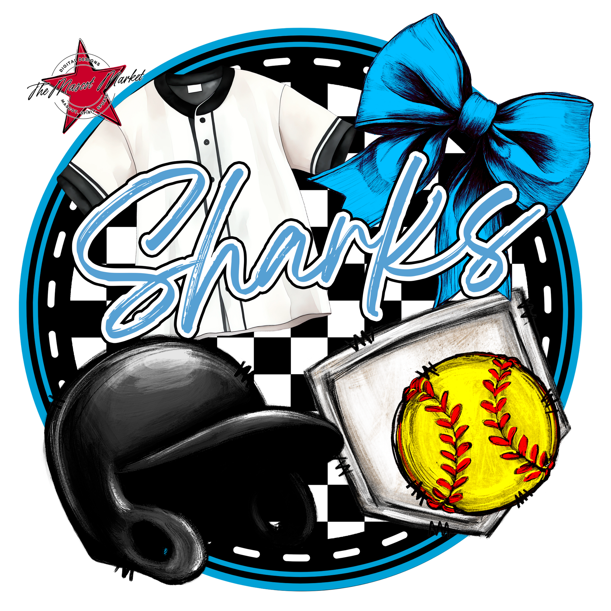 Sharks Circle Softball Design-Carolina Blue