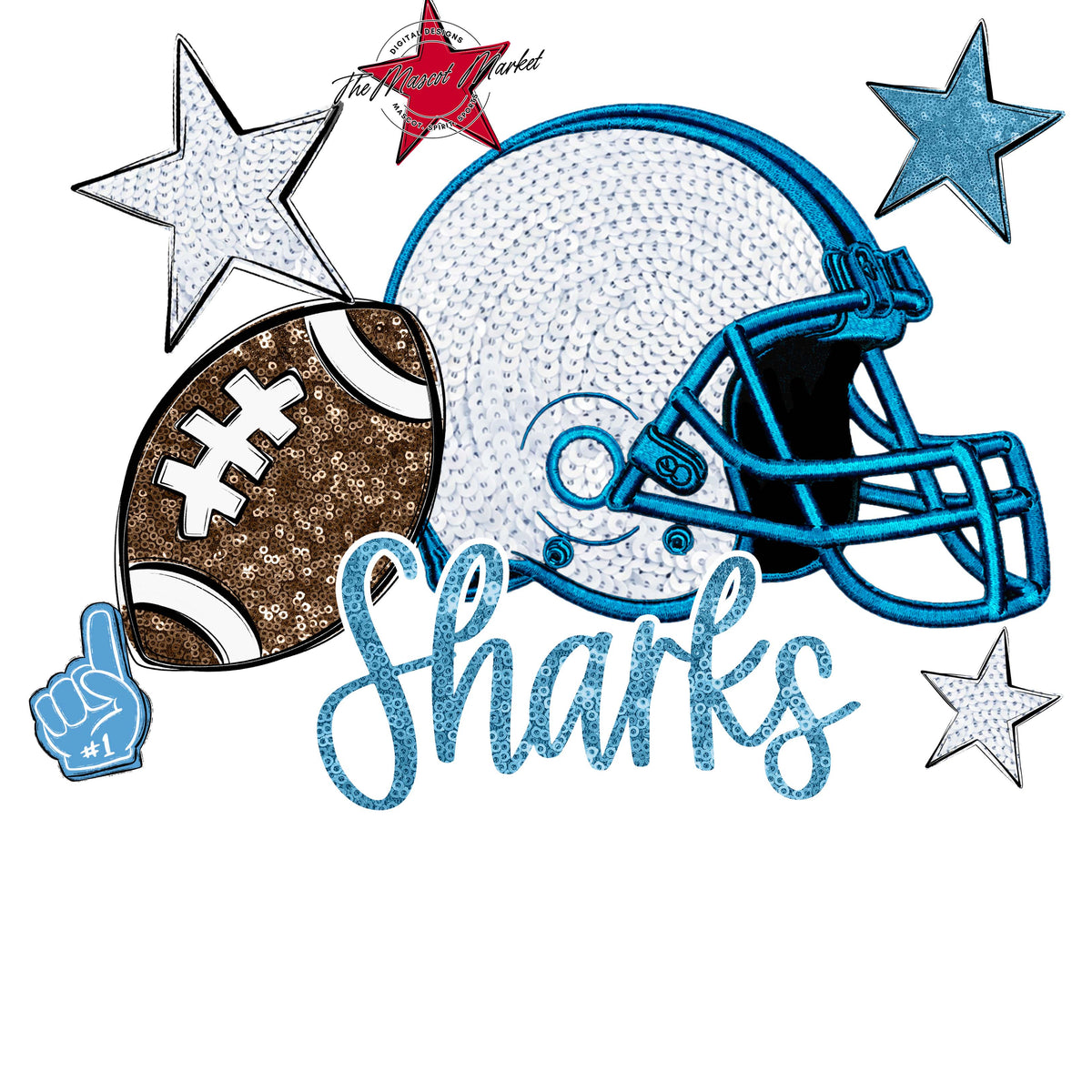 Sharks Football Embroidered Sequins Design-Carolina Blue