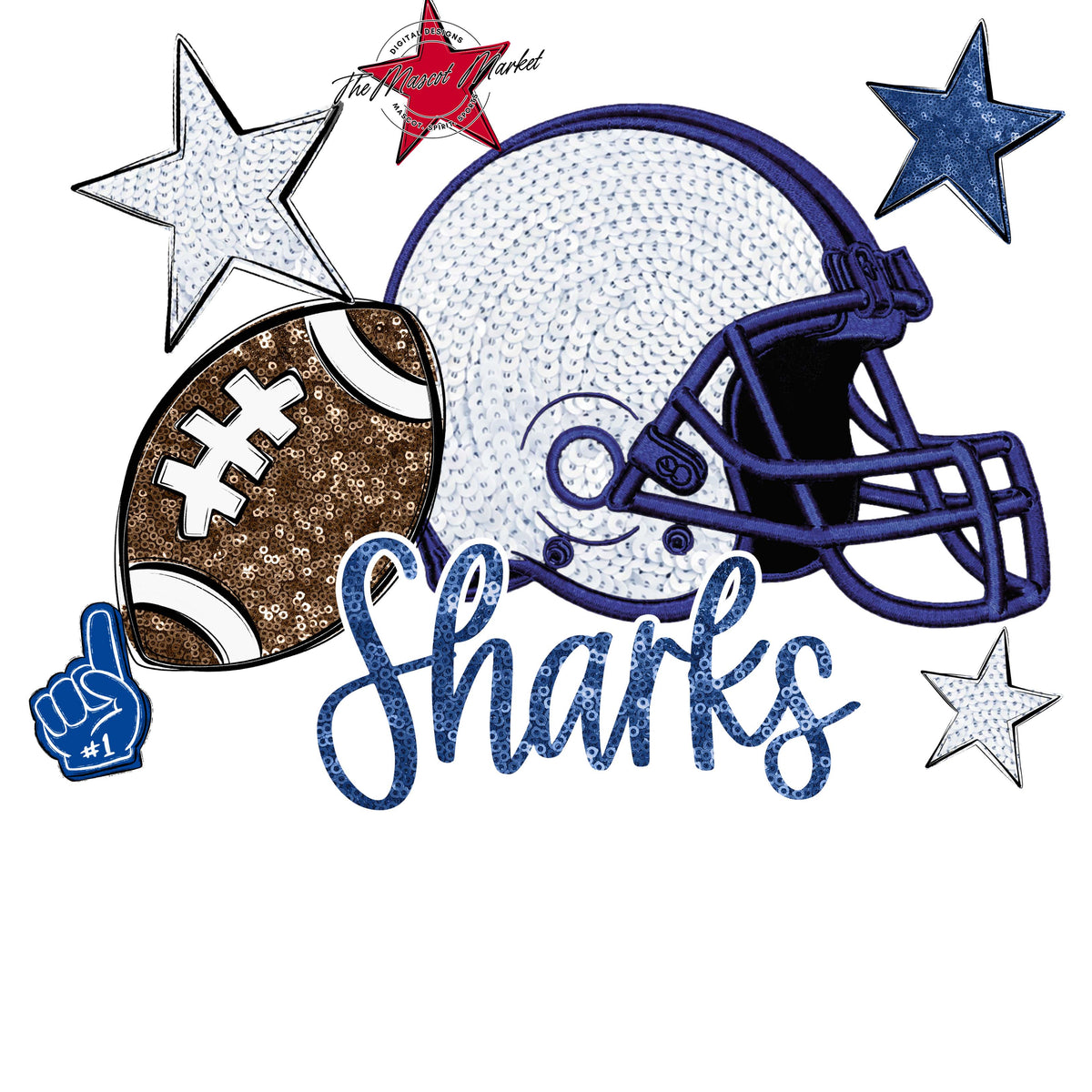 Sharks Football Embroidered Sequins Design-Off Blue
