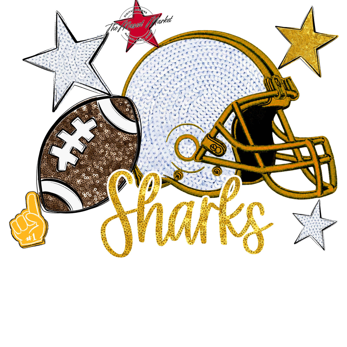 Sharks Football Embroidered Sequins Design-Yellow