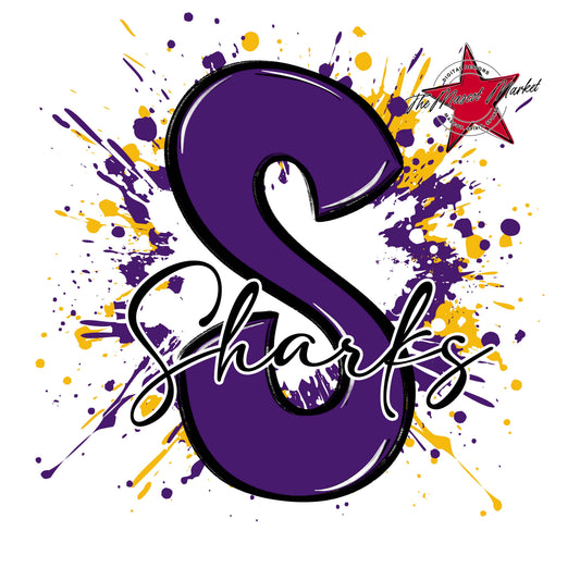 Sharks Mascot Splatter-Purple & Yellow