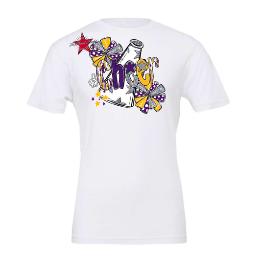 Cheer White Megaphone Scrape-Purple-Yellow