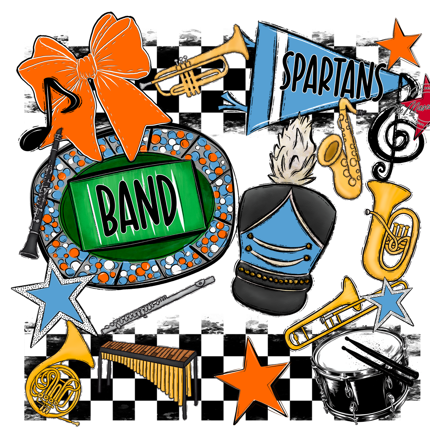 Spartans Checkers Band Spirit Design-Carolina Blue-Orange