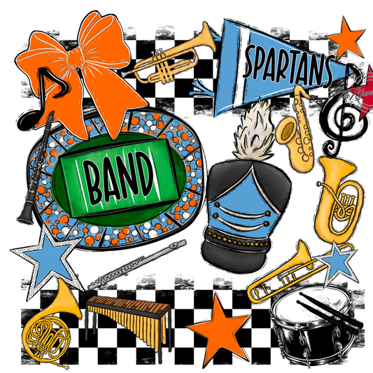 Spartans Checkers Band Spirit Design-Carolina Blue-Orange