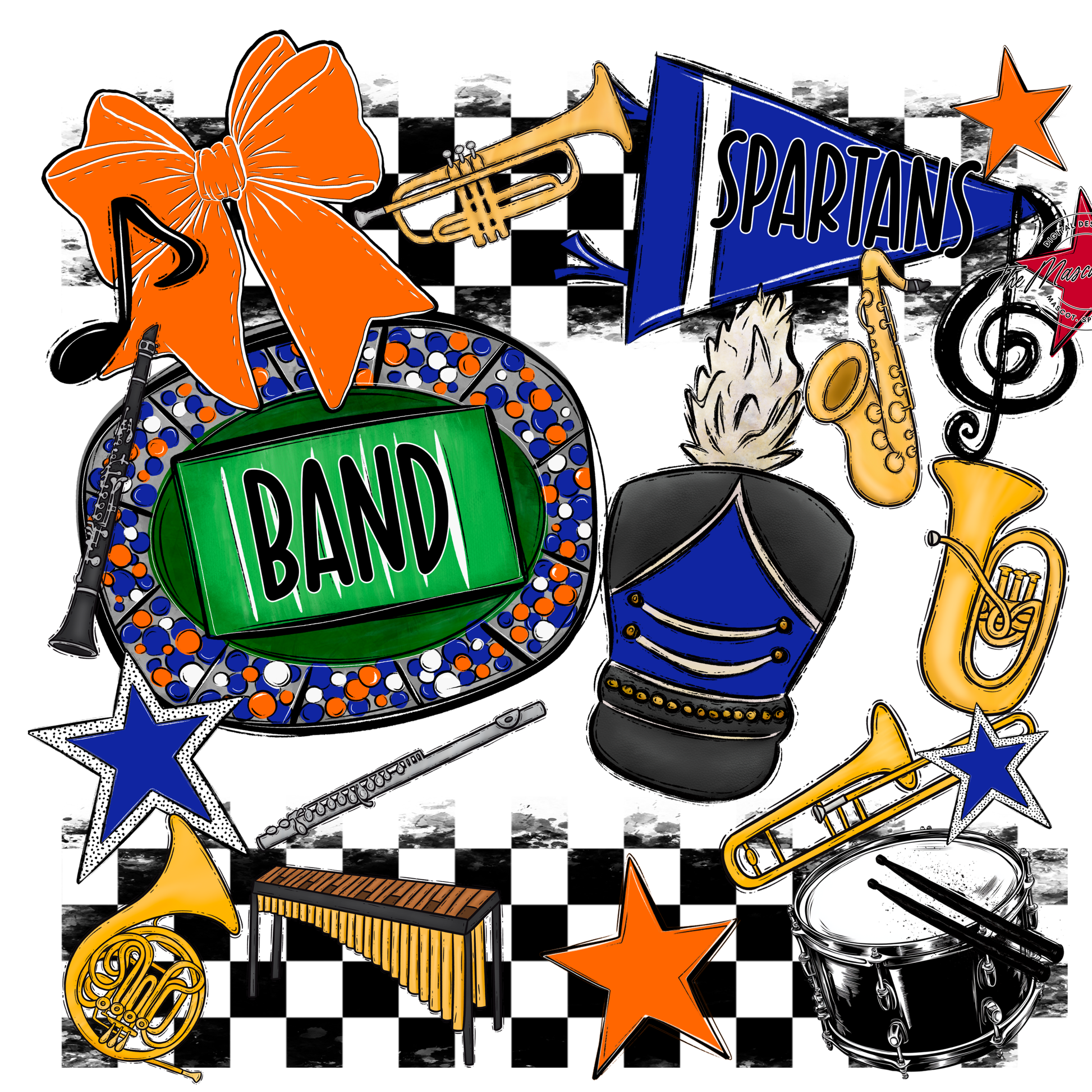 Spartans Checkers Band Spirit Design-Royal Blue-Orange