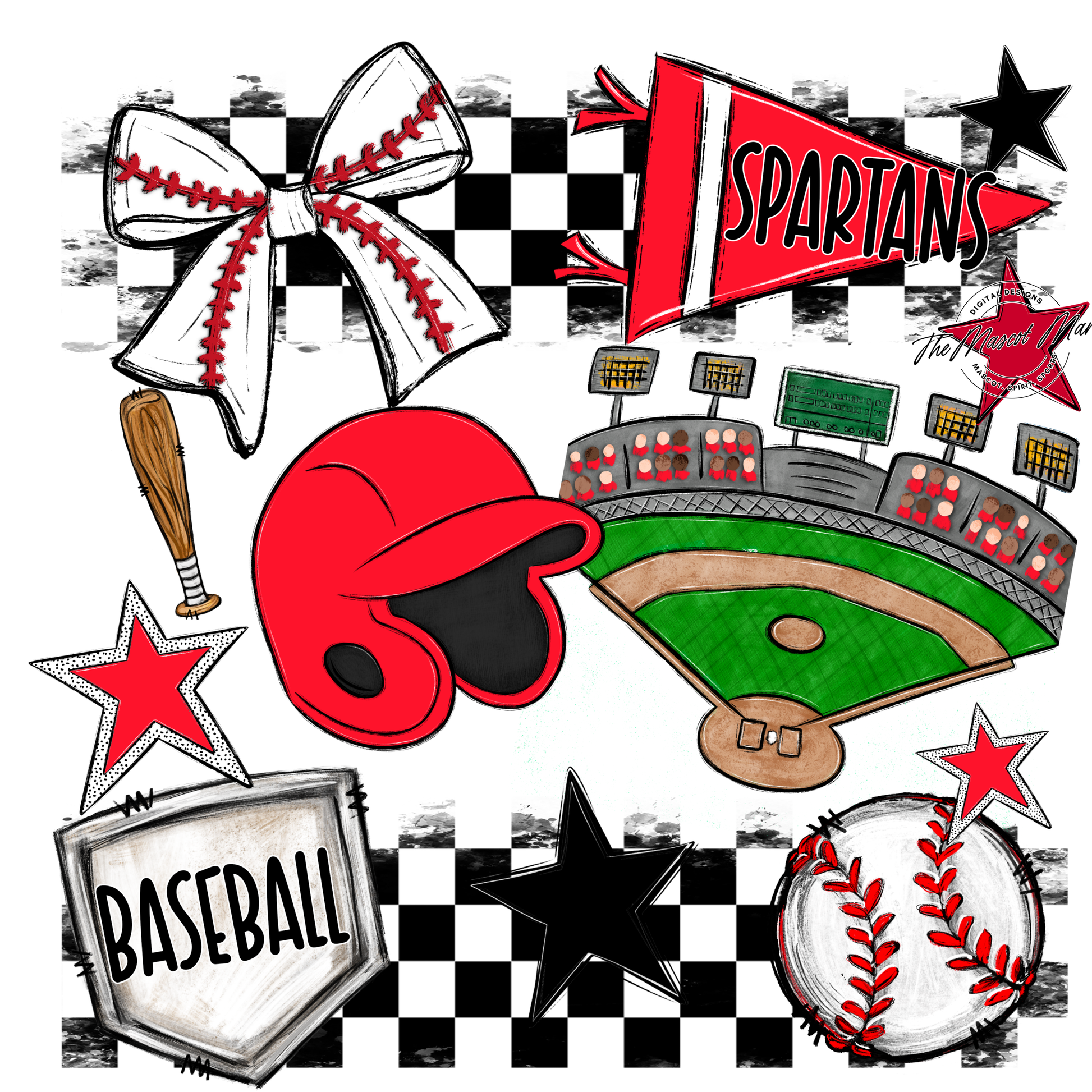 Spartans Checkers Baseball Spirit Design-Bright Red