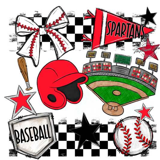 Spartans Checkers Baseball Spirit Design-Bright Red