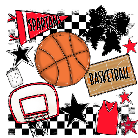 Spartans Checkers Basketball Spirit Design-Bright Red