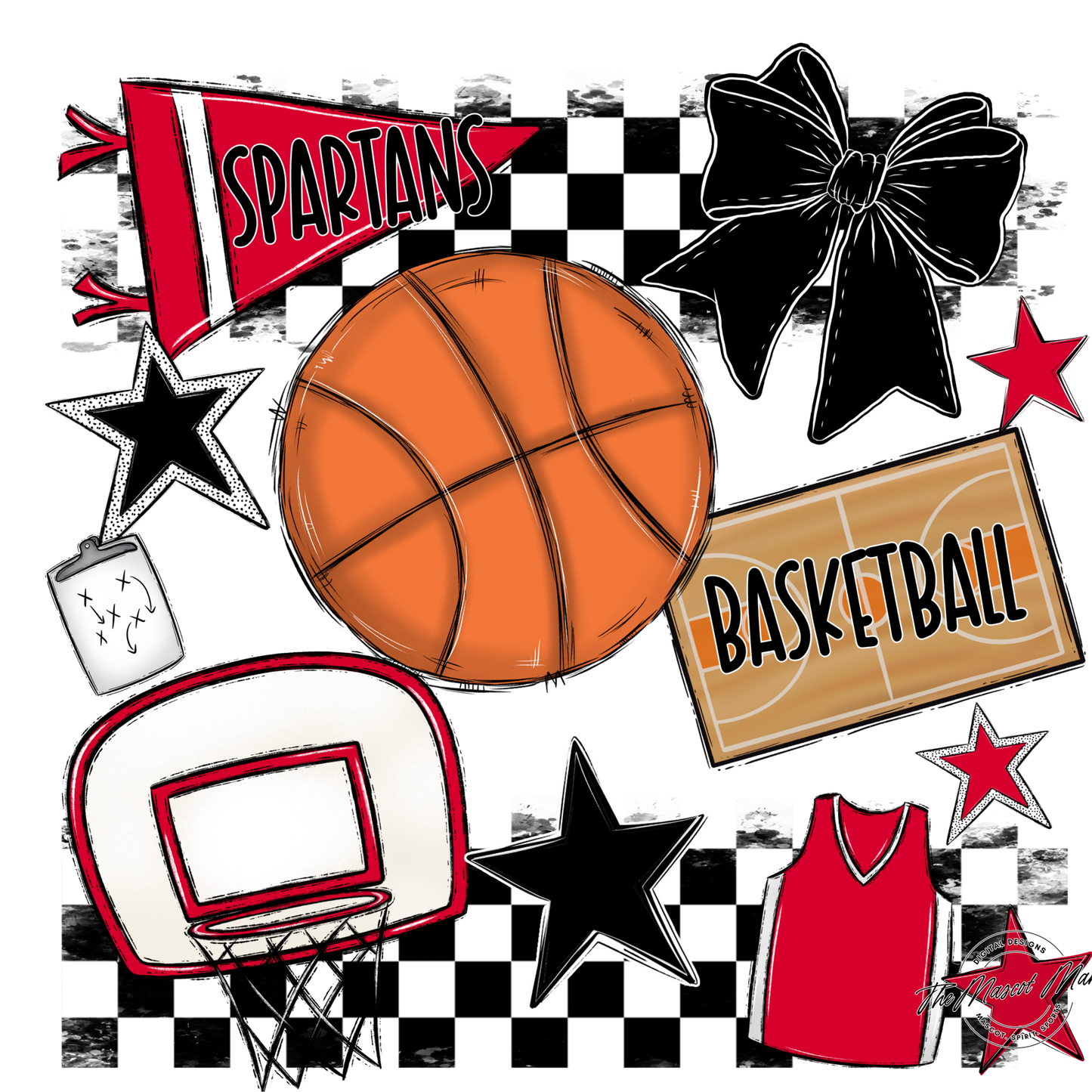 Spartans Checkers Basketball Spirit Design-Red