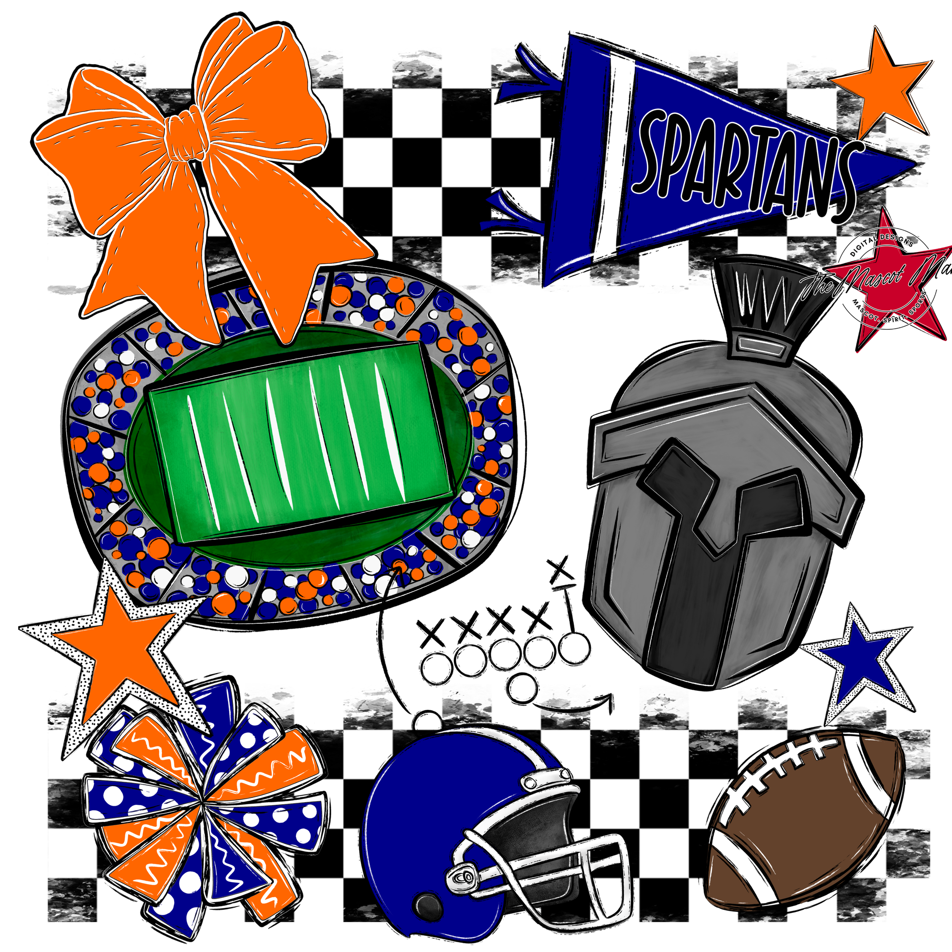 Spartans Checkers Mascot Spirit Design-Blue-Orange