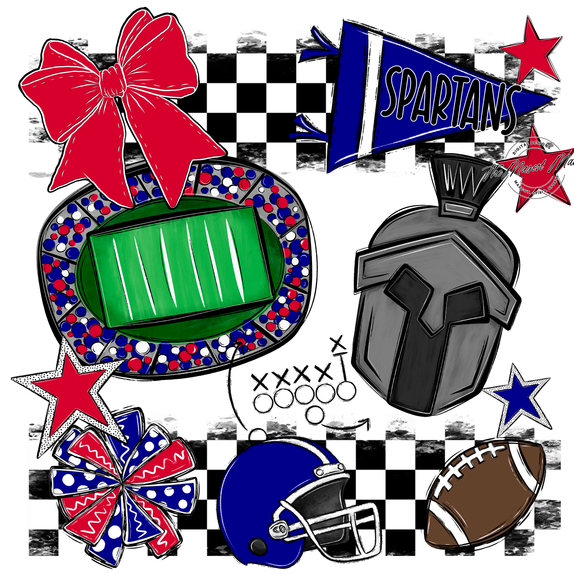 Spartans Checkers Mascot Spirit Design-Blue-Red