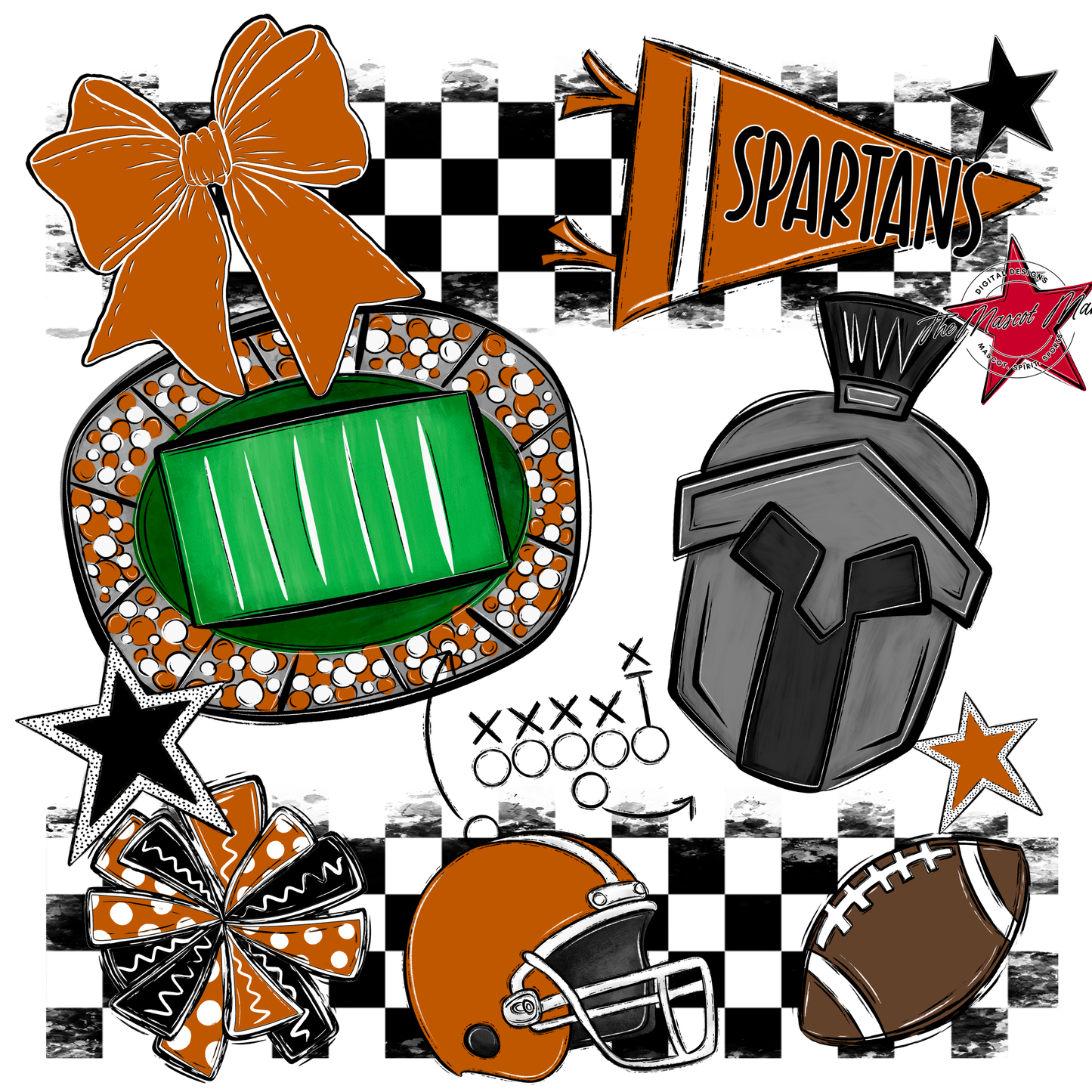Spartans Checkers Mascot Spirit Design-Burnt Orange