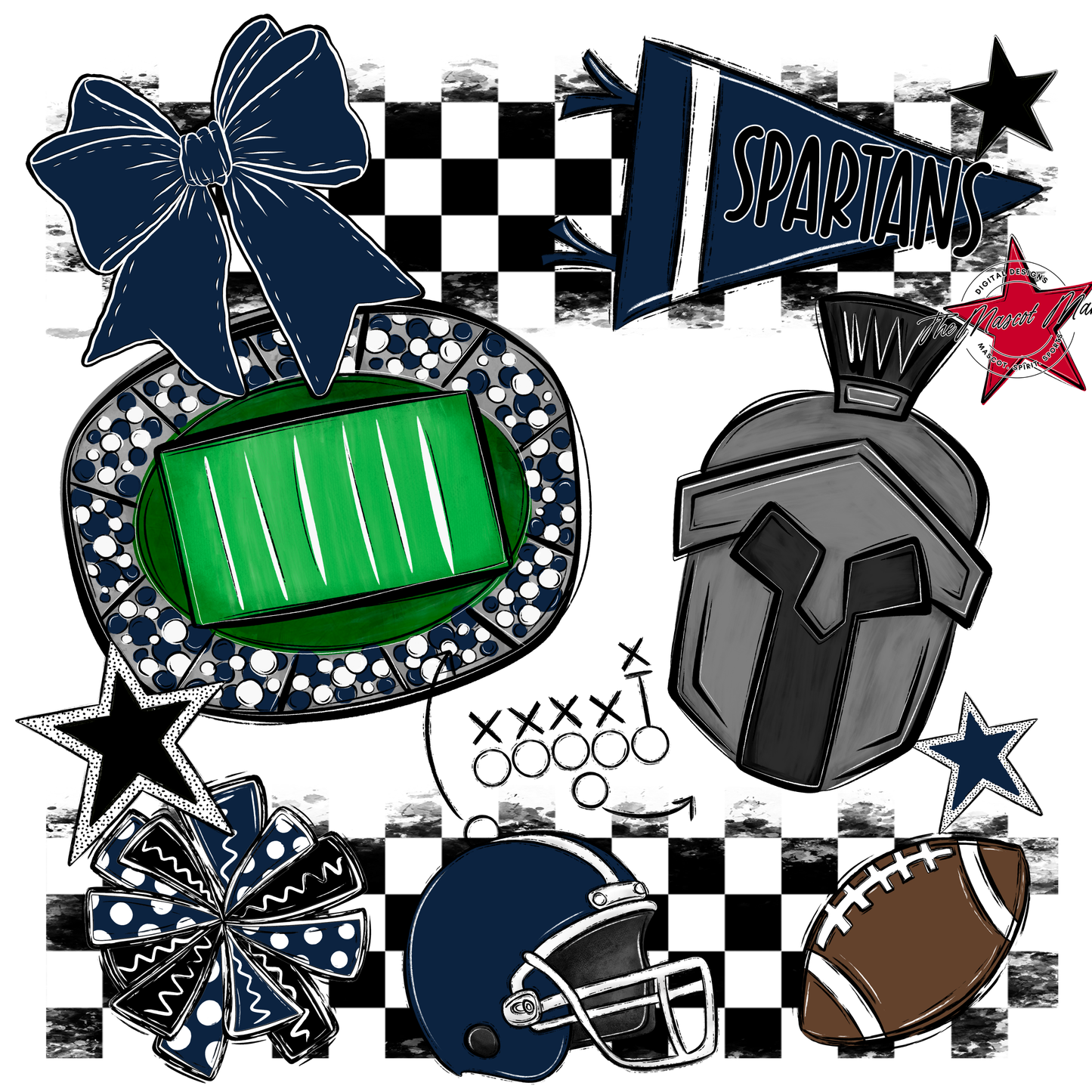 Spartans Checkers Mascot Spirit Design-Navy