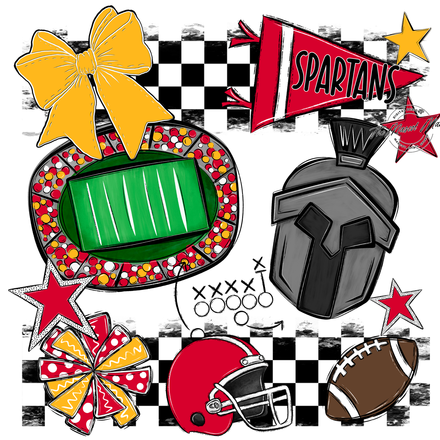 Spartans Checkers Mascot Spirit Design-Red-Yellow