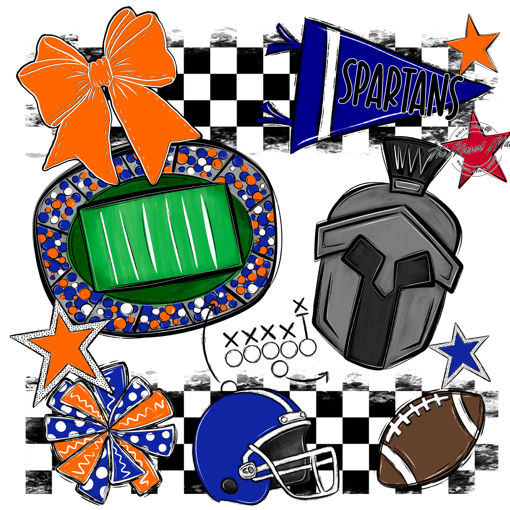 Spartans Checkers Mascot Spirit Design-Royal Blue-Orange