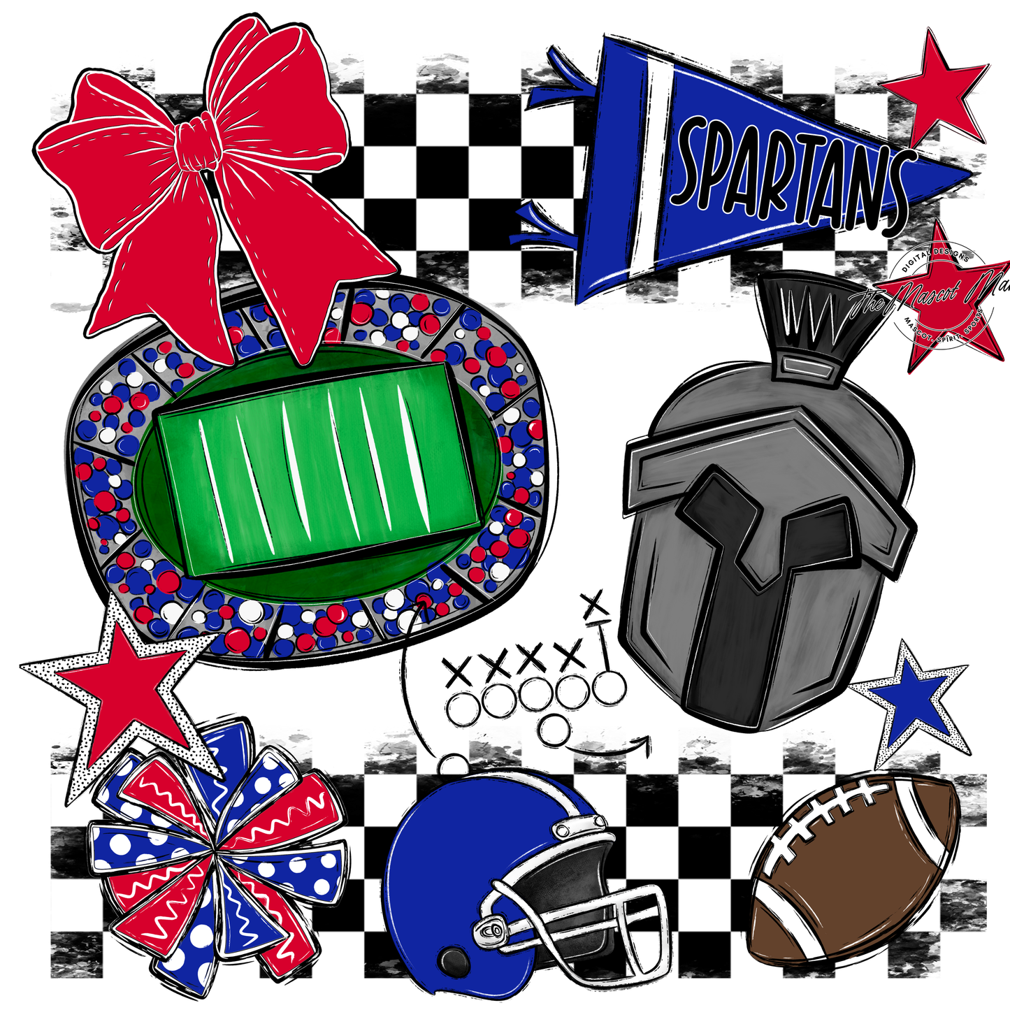 Spartans Checkers Mascot Spirit Design-Royal Blue-Red