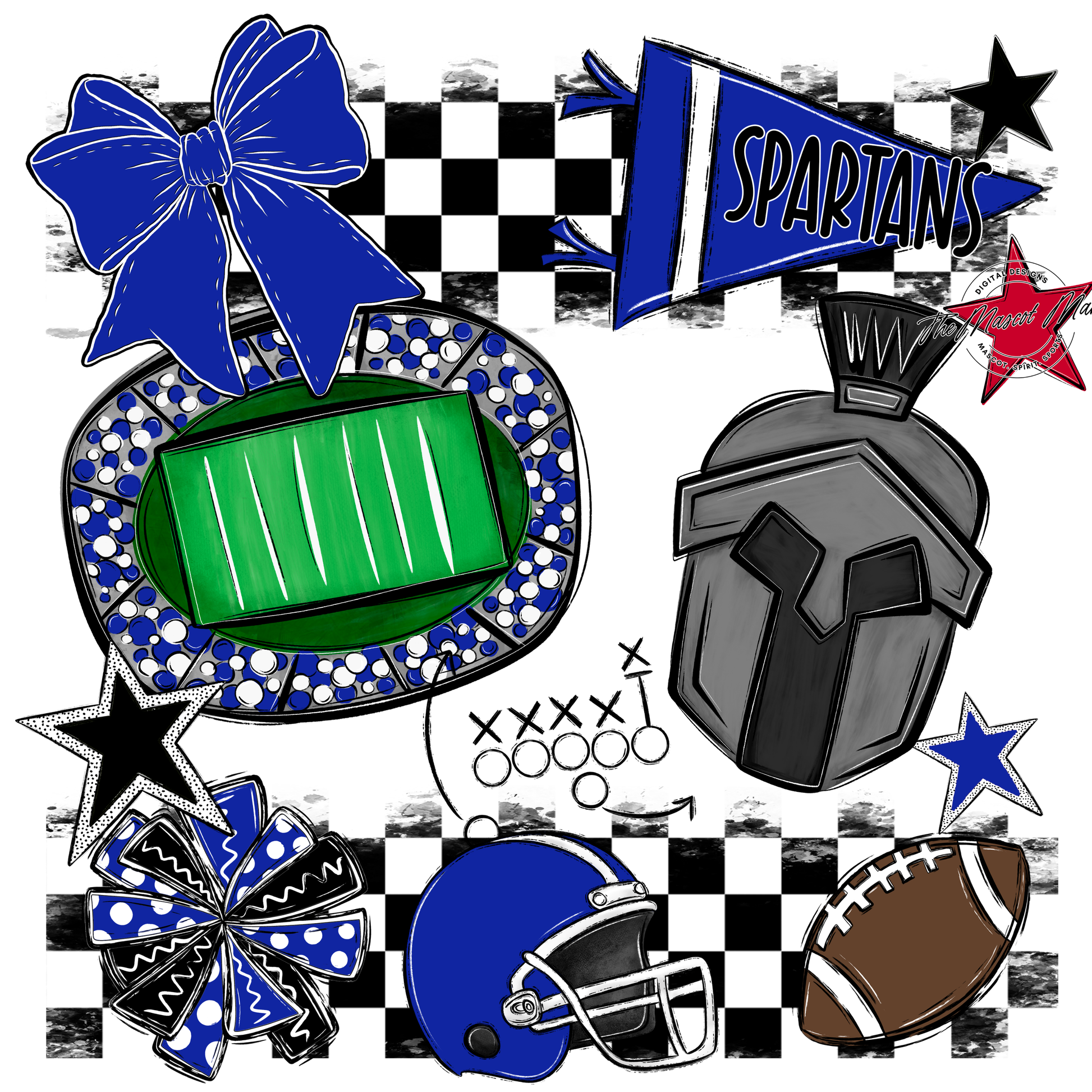 Spartans Checkers Mascot Spirit Design-Royal Blue