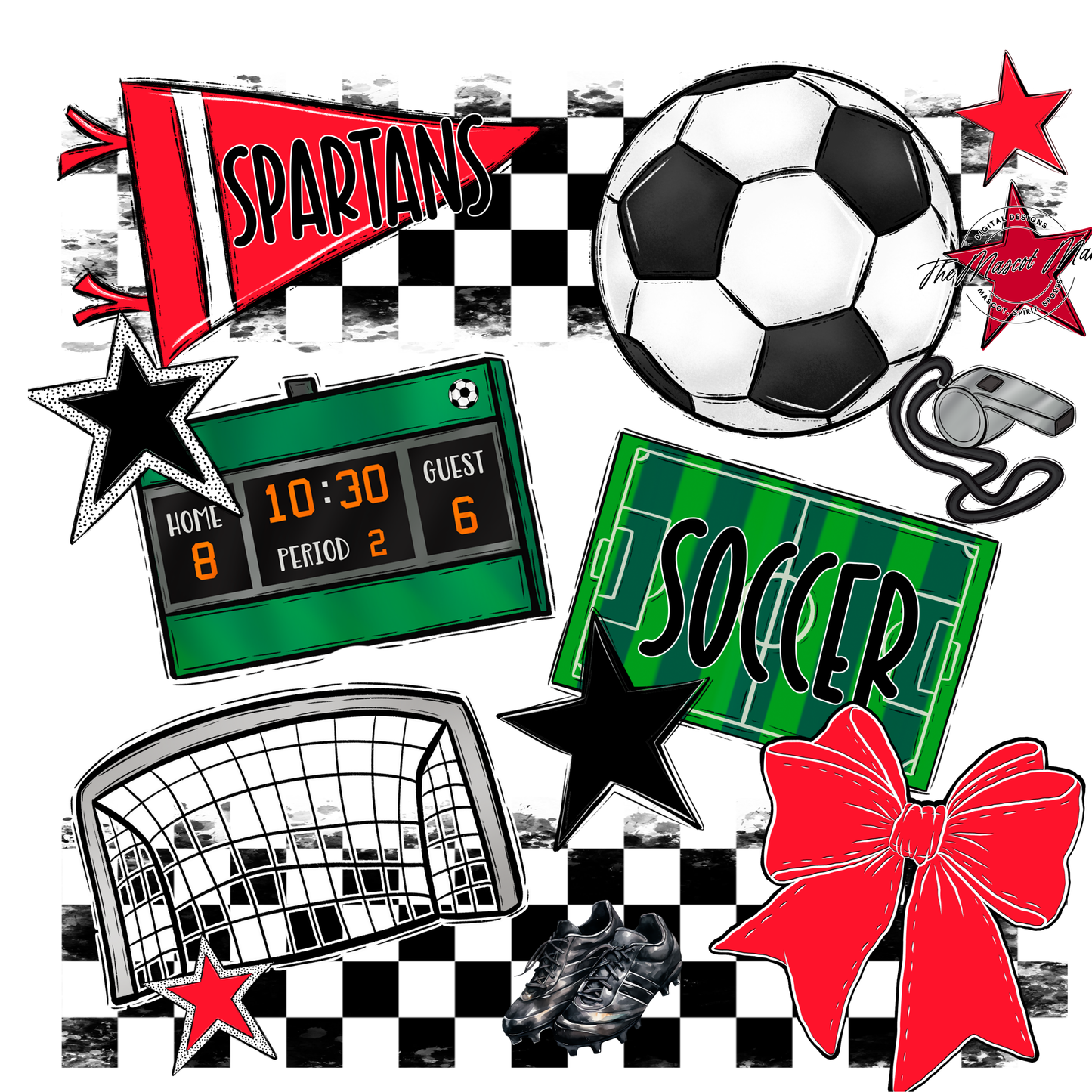 Spartans Checkers Soccer Spirit Design-Bright Red
