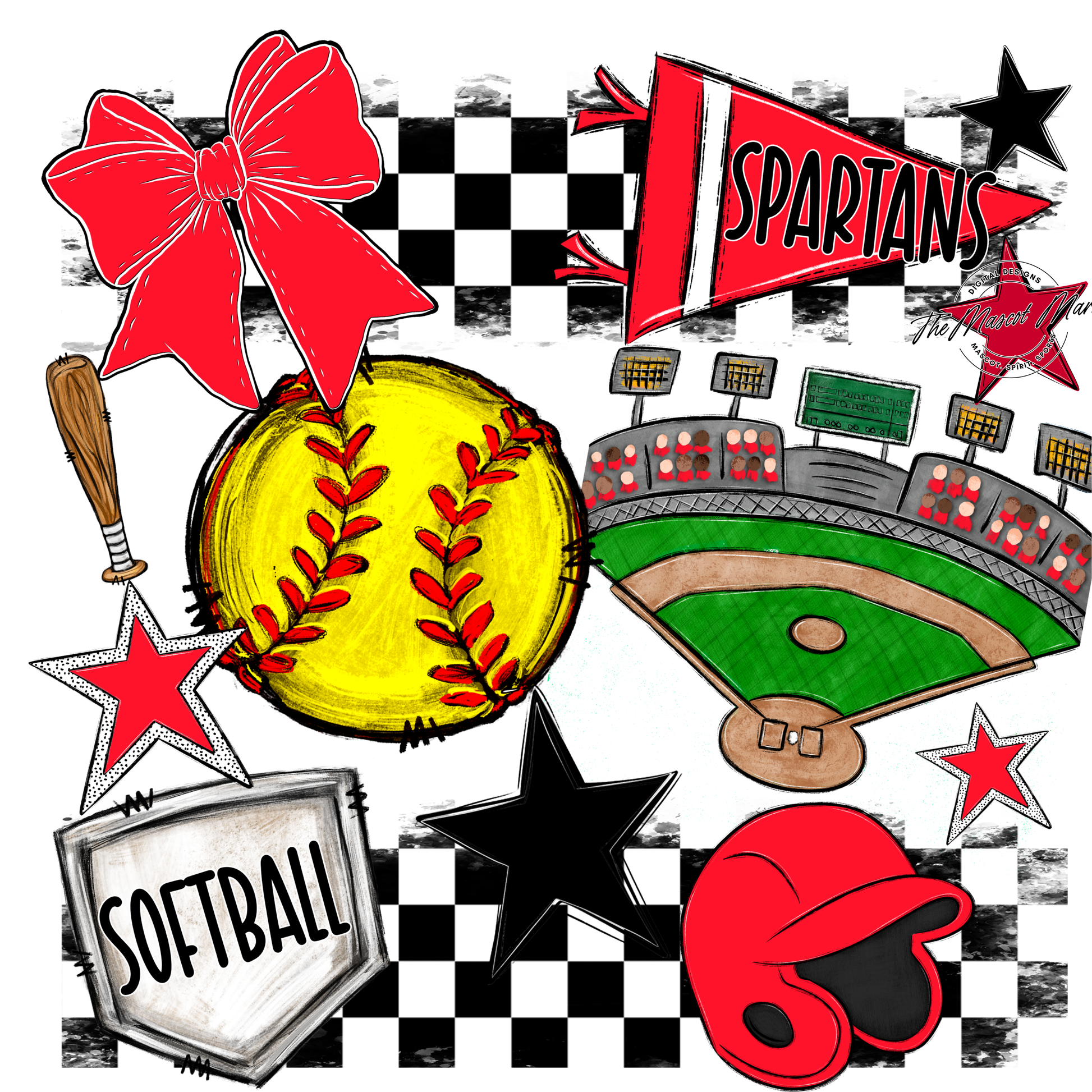 Spartans Checkers Softball Spirit Design-Bright Red