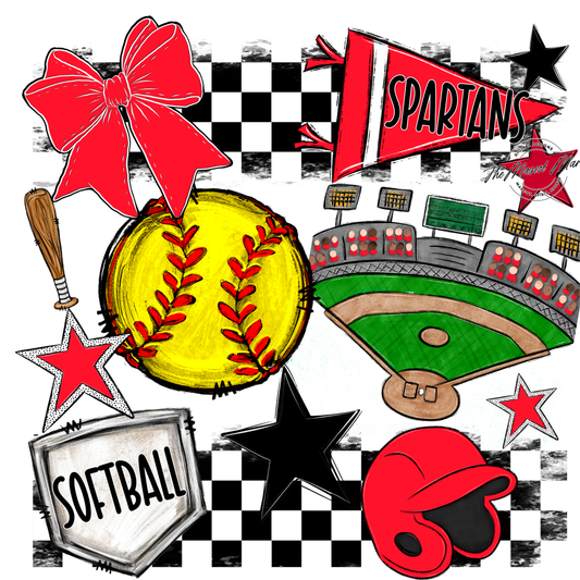 Spartans Checkers Softball Spirit Design-Bright Red