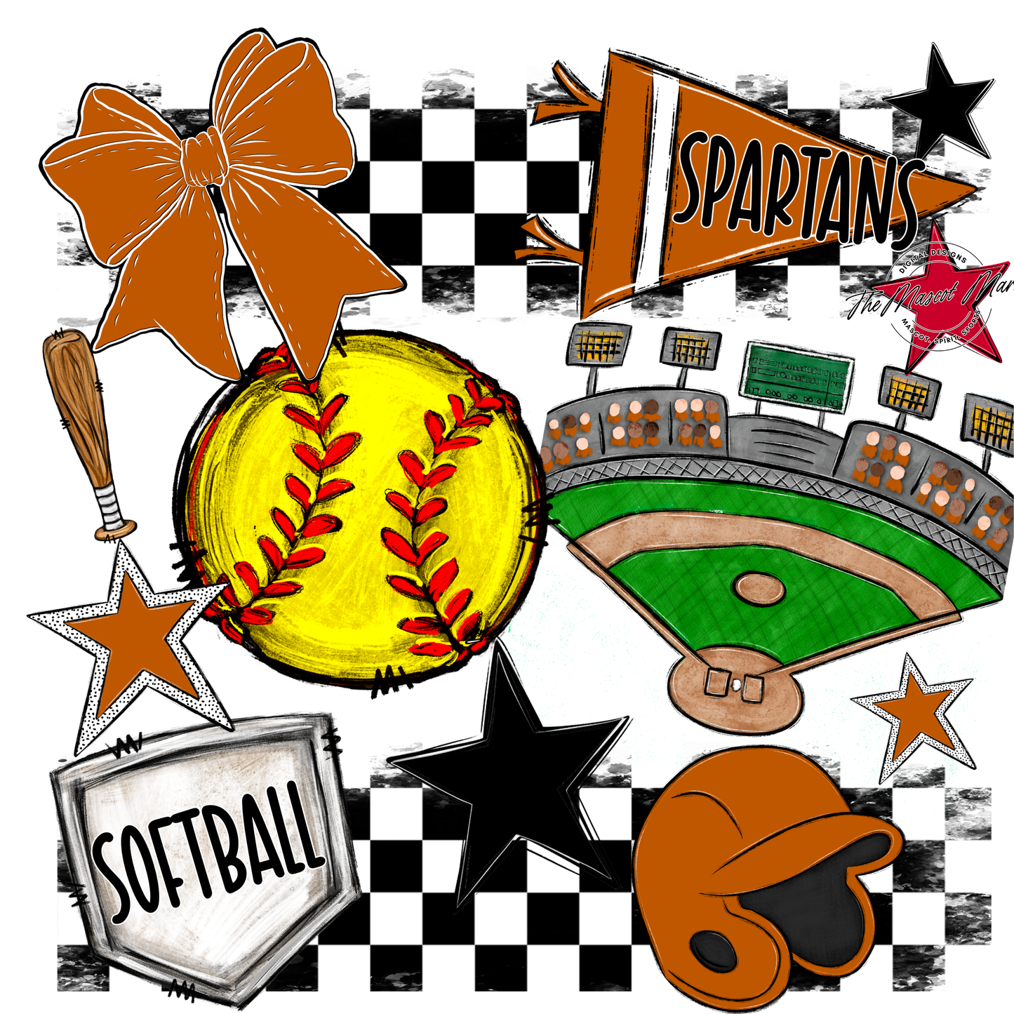 Spartans Checkers Softball Spirit Design-Burnt Orange
