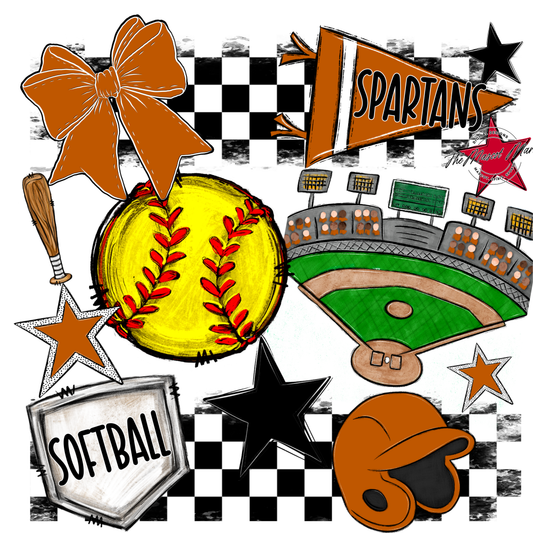 Spartans Checkers Softball Spirit Design-Burnt Orange