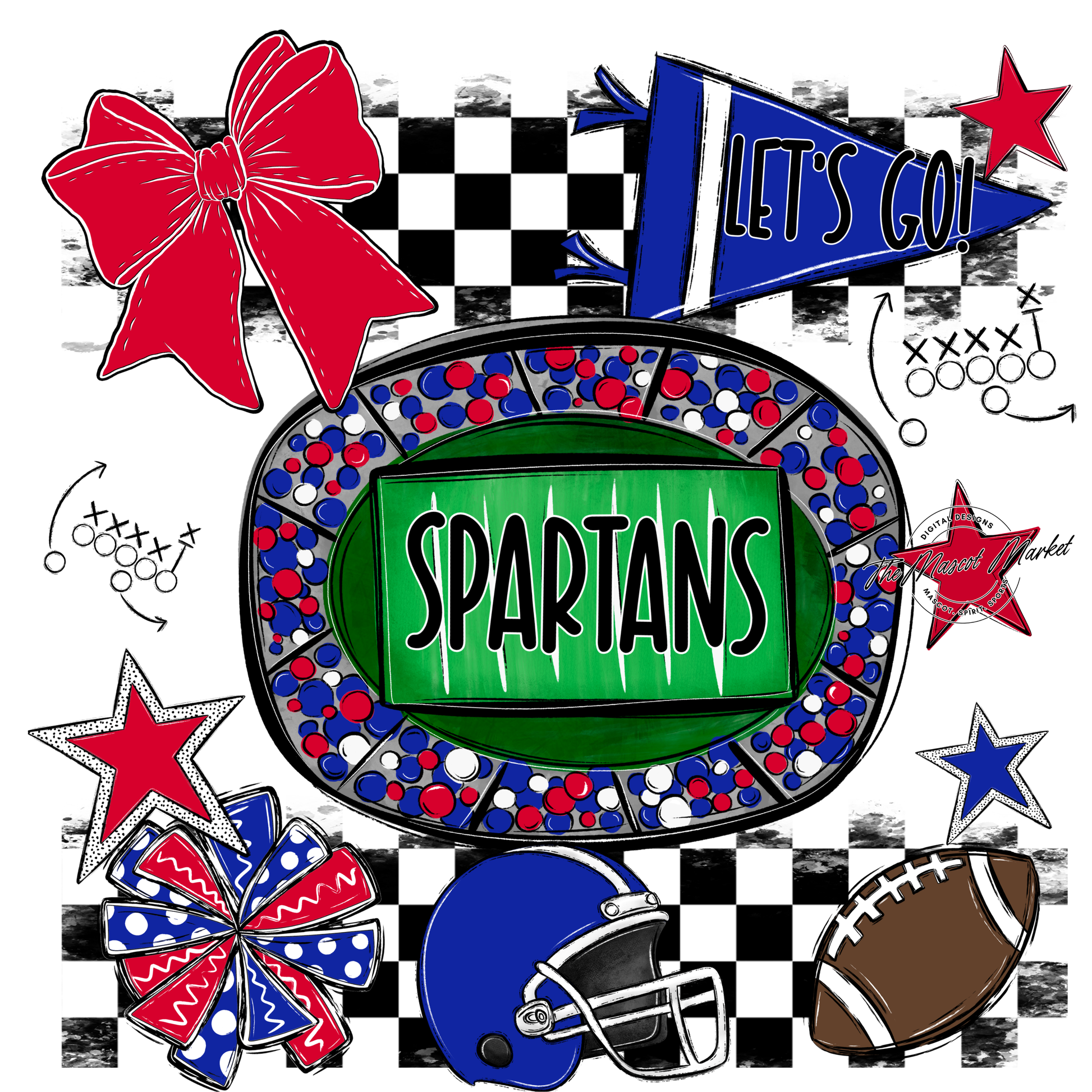 Spartans Checkers Spirit Design-Royal Blue-Red