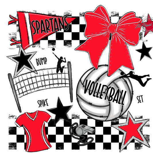 Spartans Checkers Volleyball Spirit Design-Bright Red