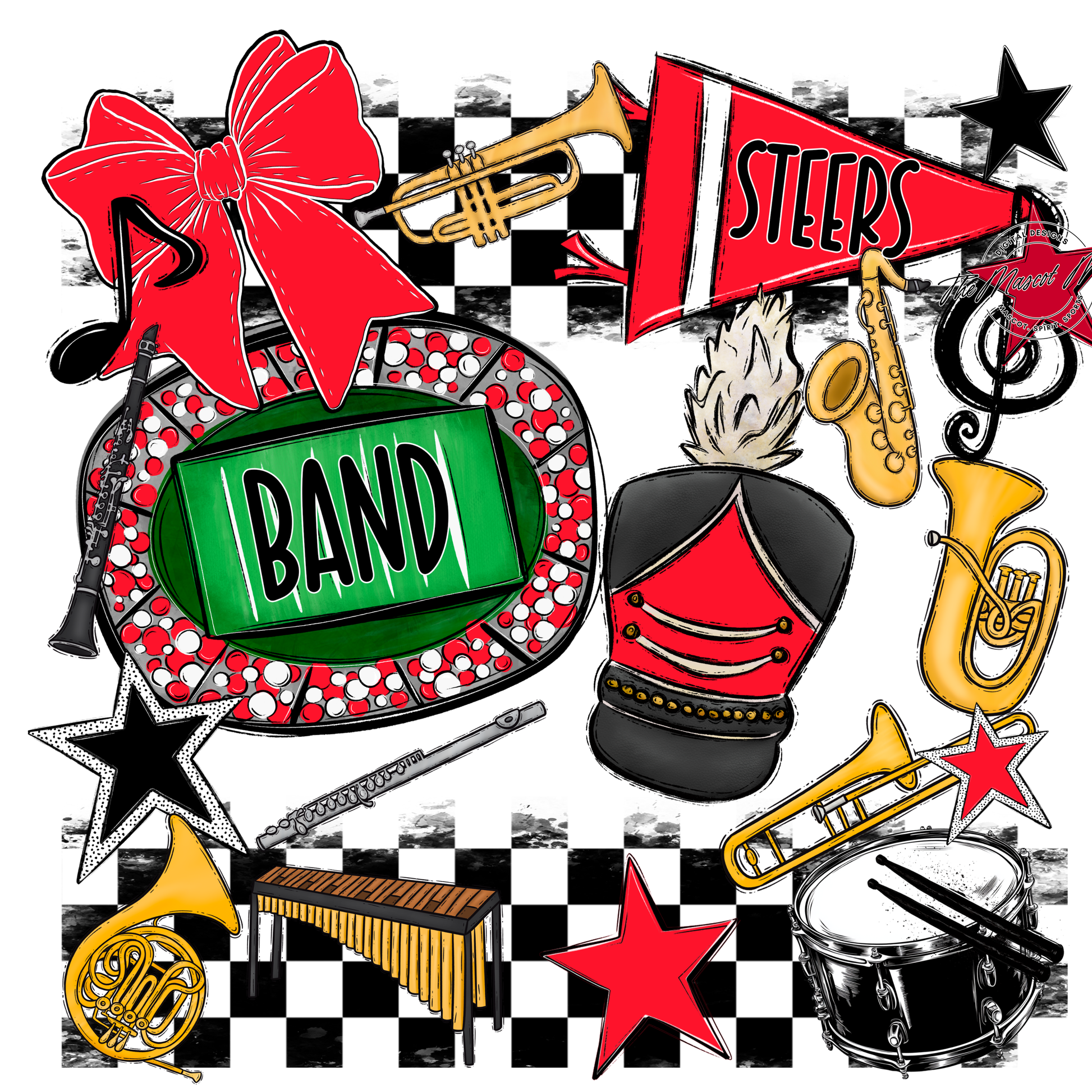 Steers Checkers Band Spirit Design-Bright Red