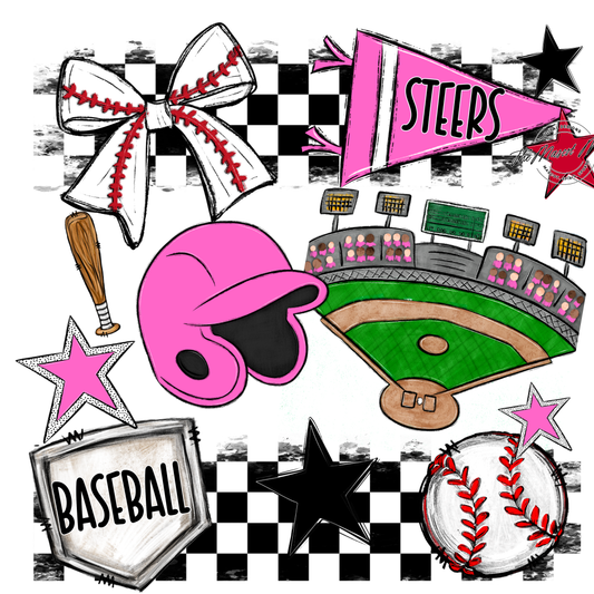 Steers Checkers Baseball Spirit Design-Baby Pink
